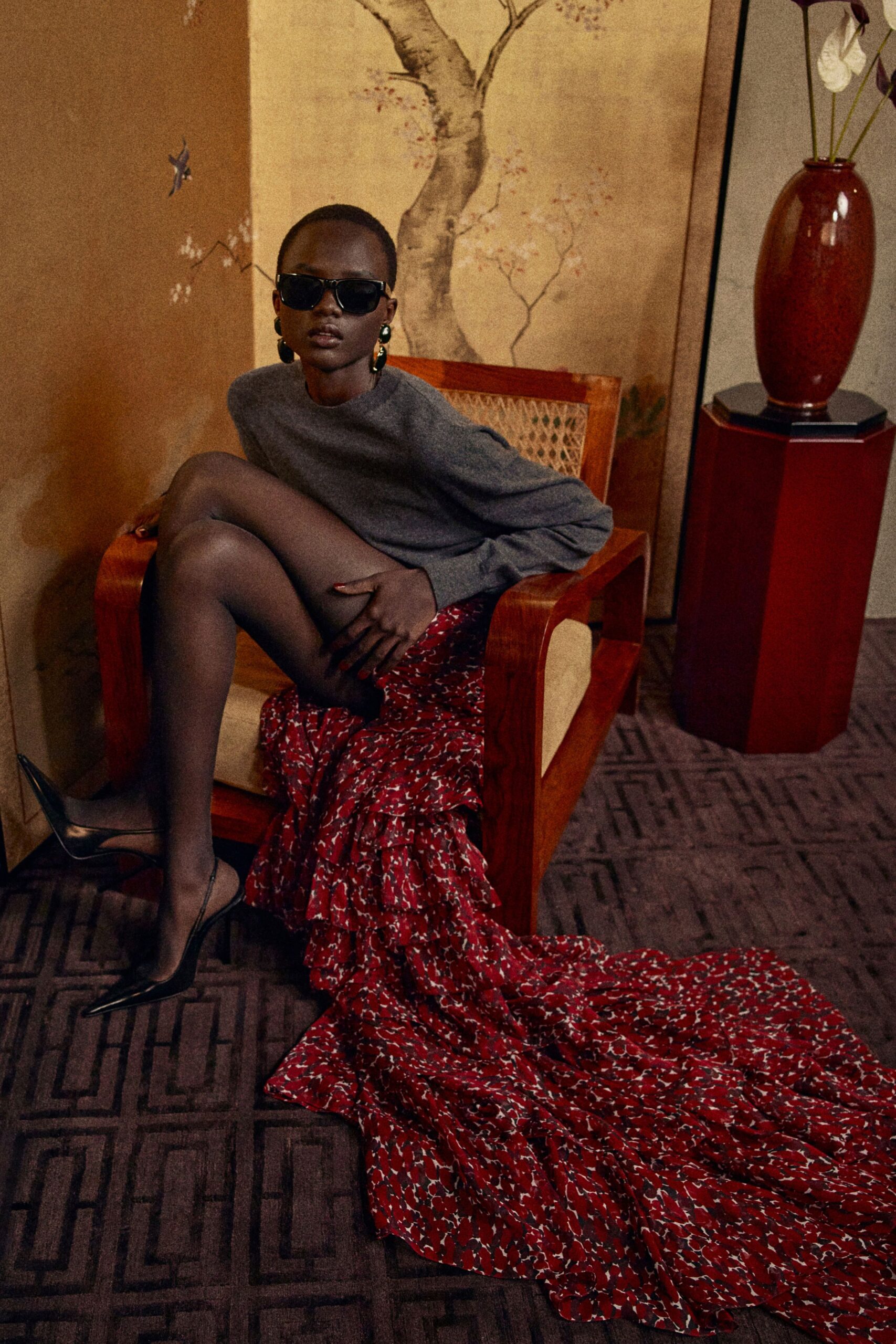 gray wool top red pleated skirt