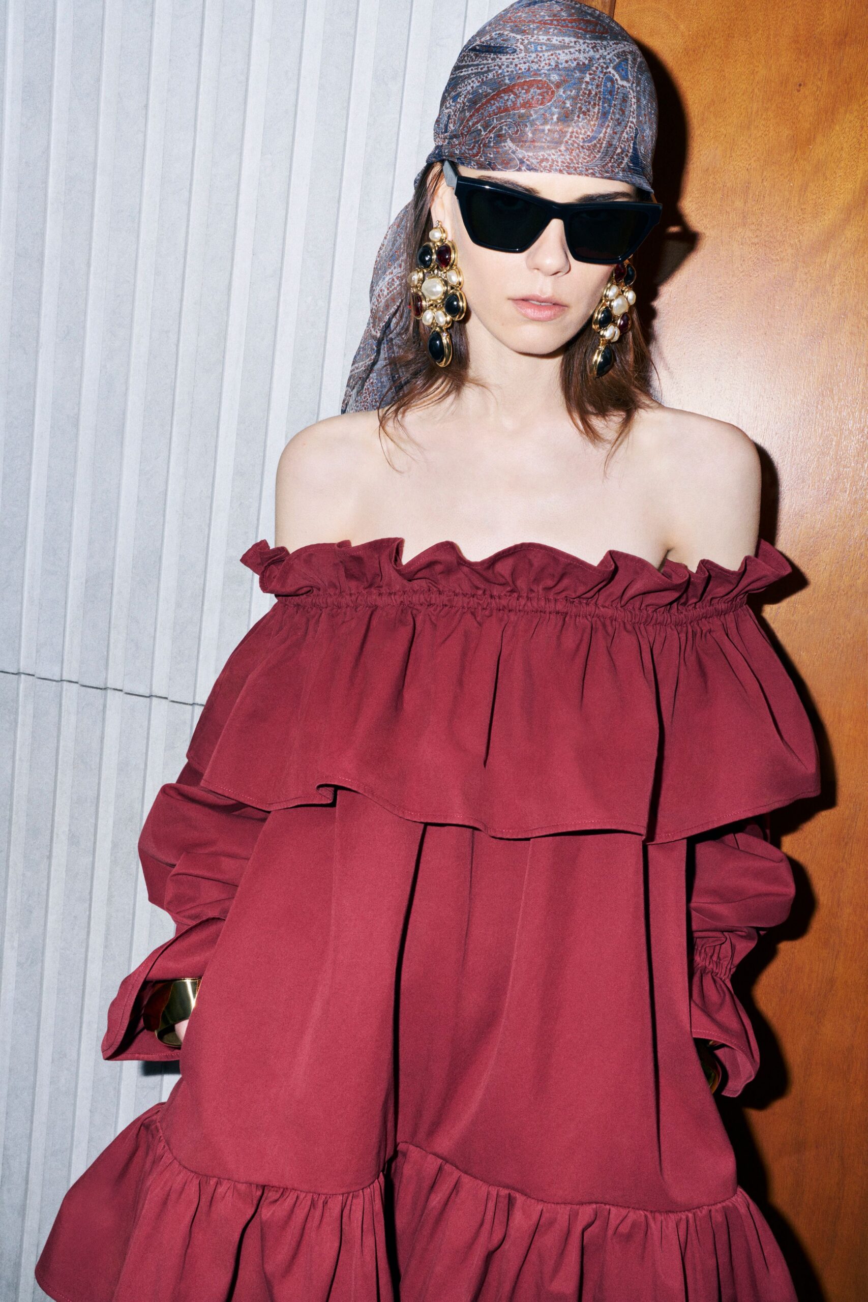 red cotton off-shoulder long-sleeve relaxed ruffled tiered dress