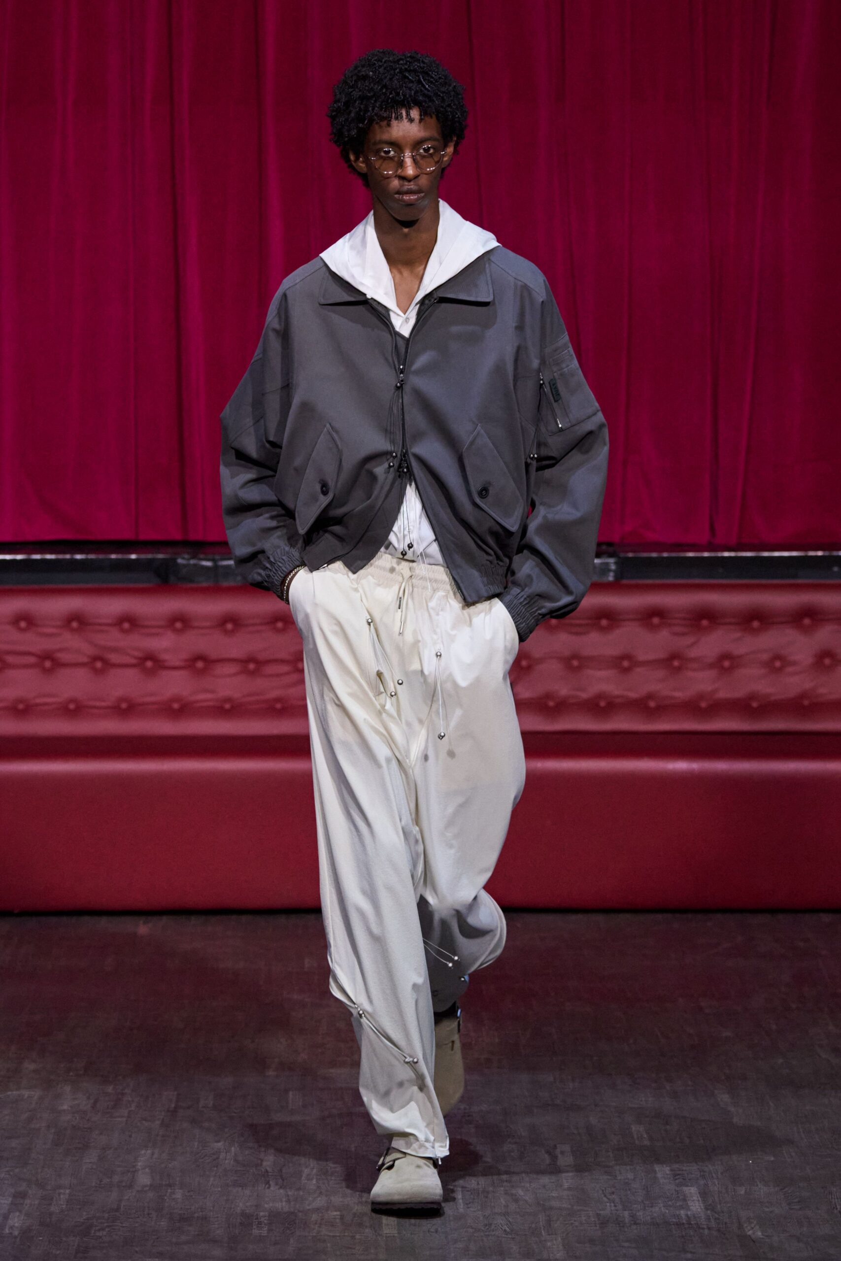 gray jacket white shirt relaxed pants