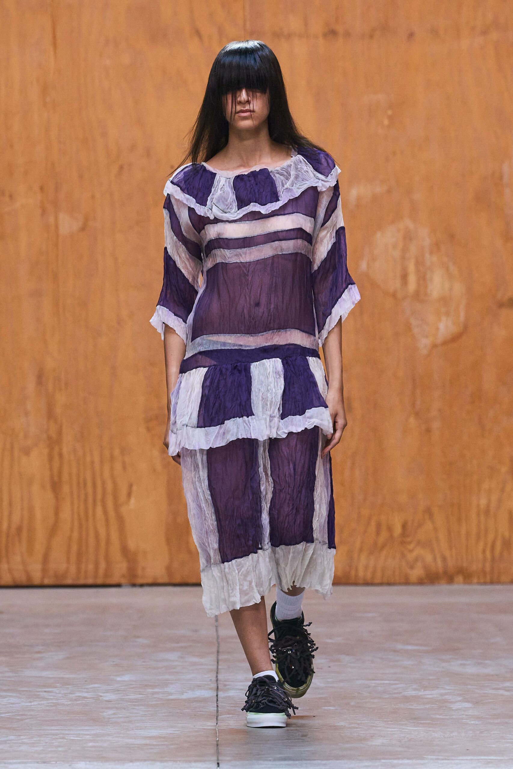 purple cotton long-sleeve relaxed layered pleated sheer dress