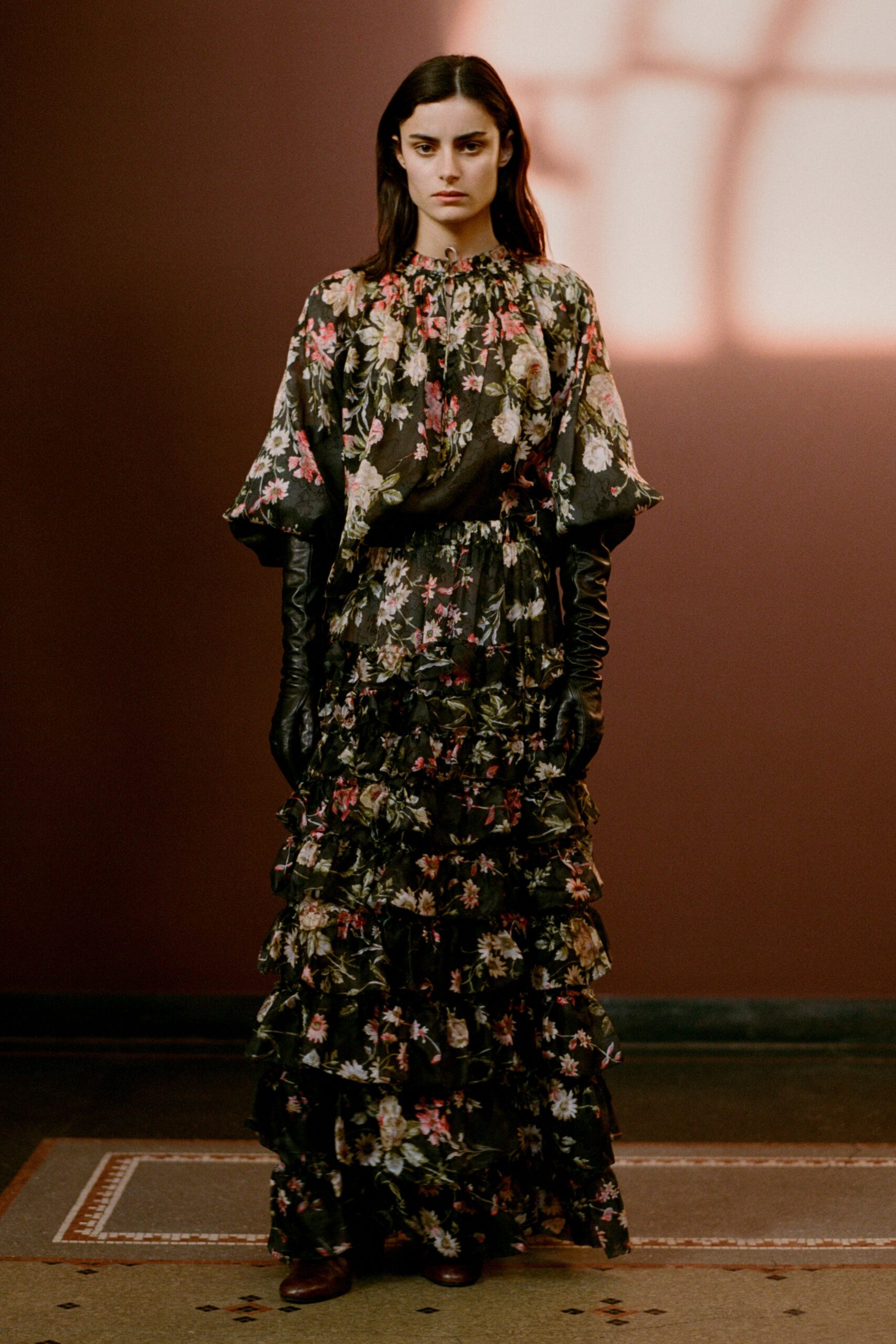 black floral maxi dress with gloves and boots