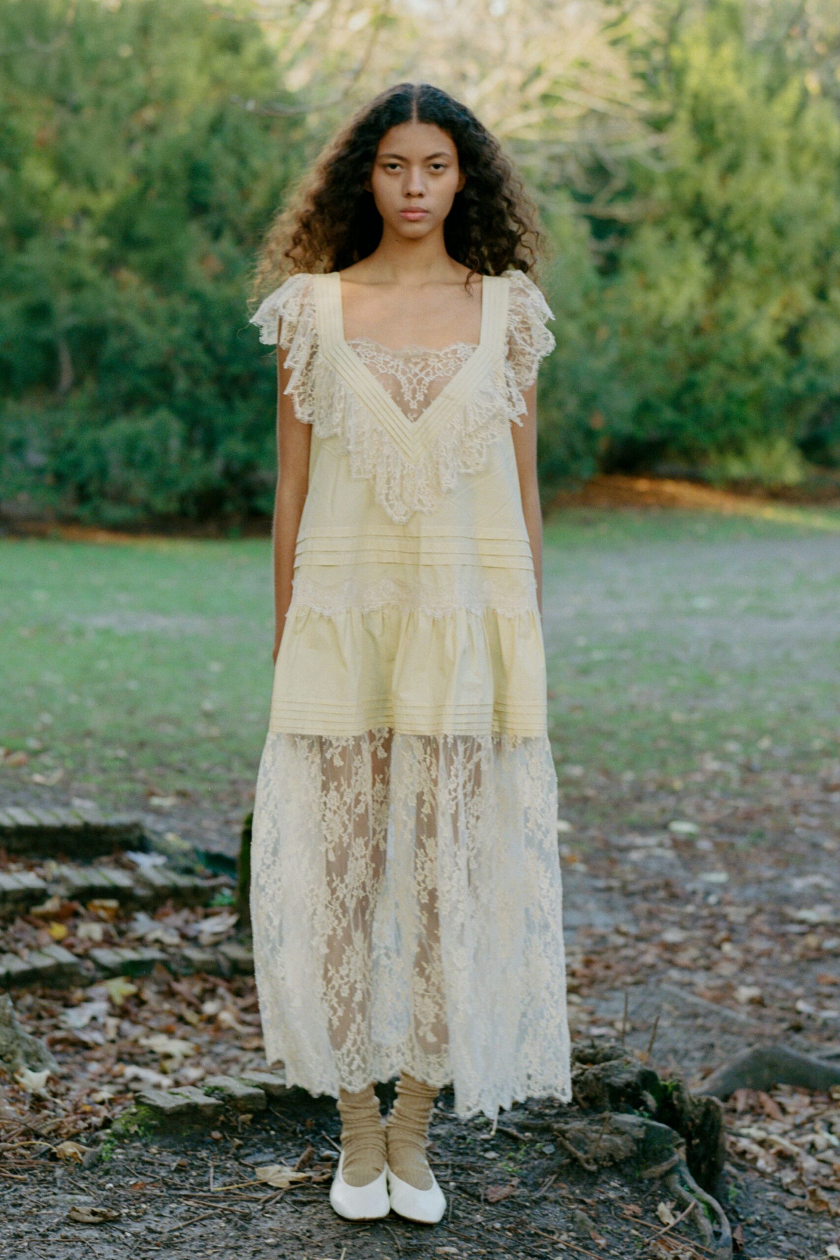 yellow lace sleeveless v-neck fitted tiered ruffled dress