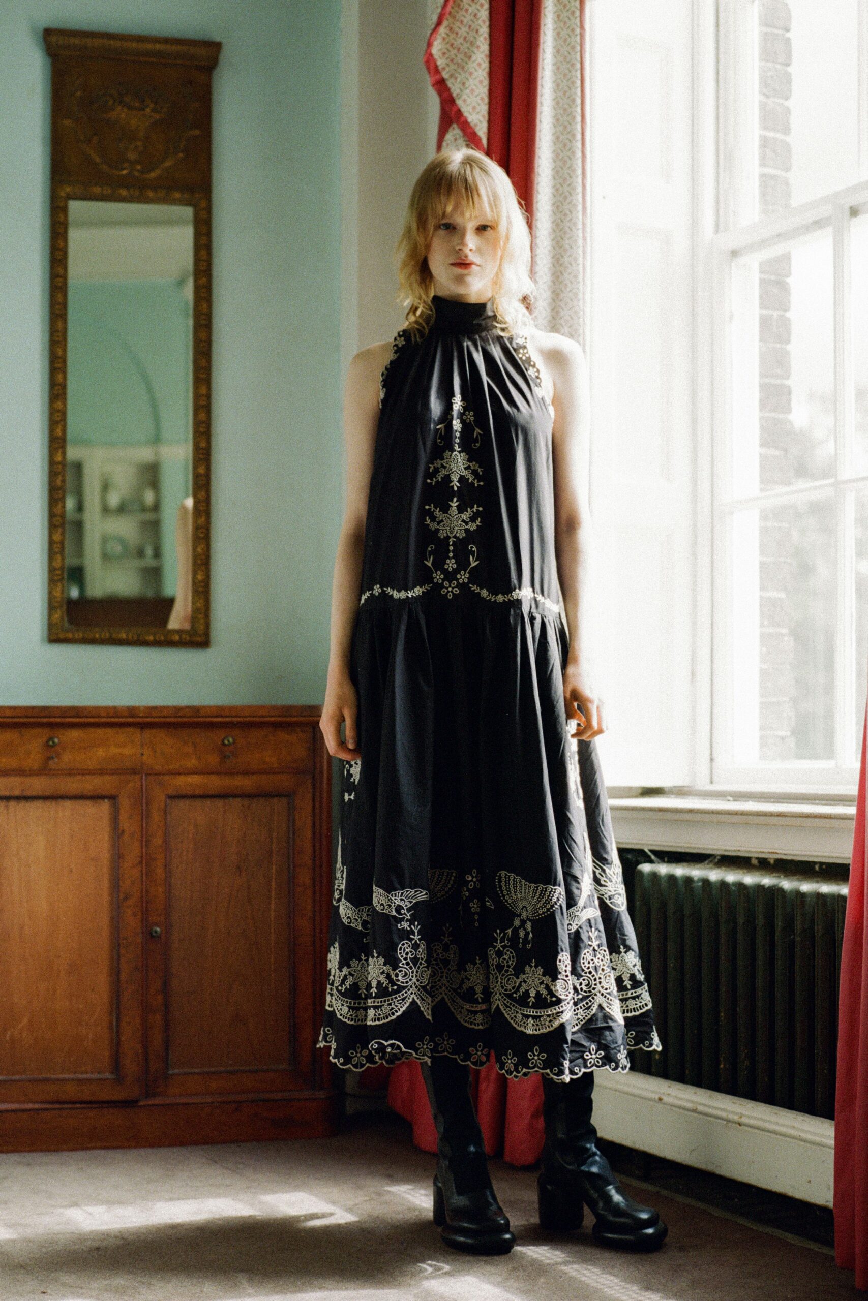 black embroidered midi dress with chunky shoes