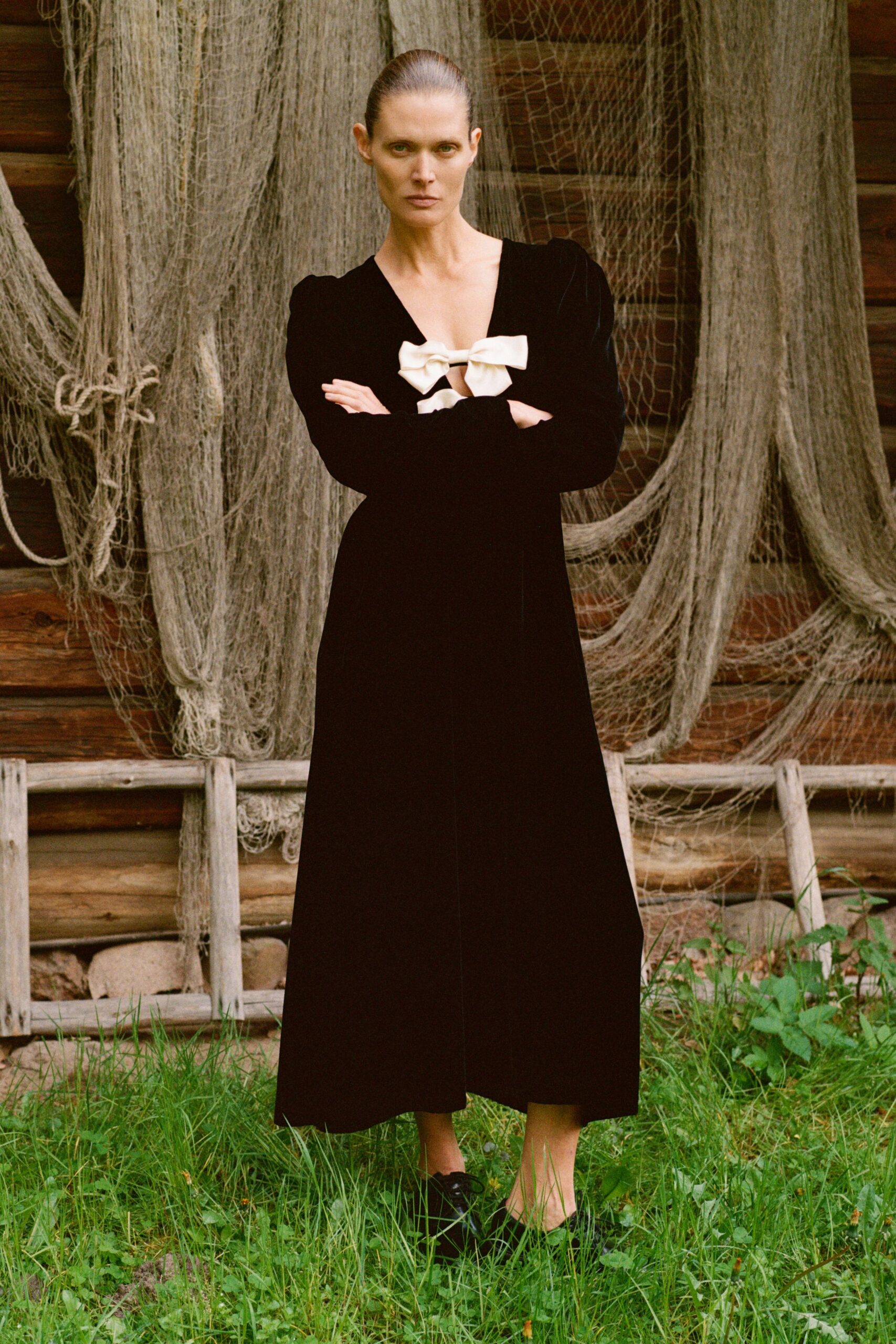 black velvet long-sleeve gown