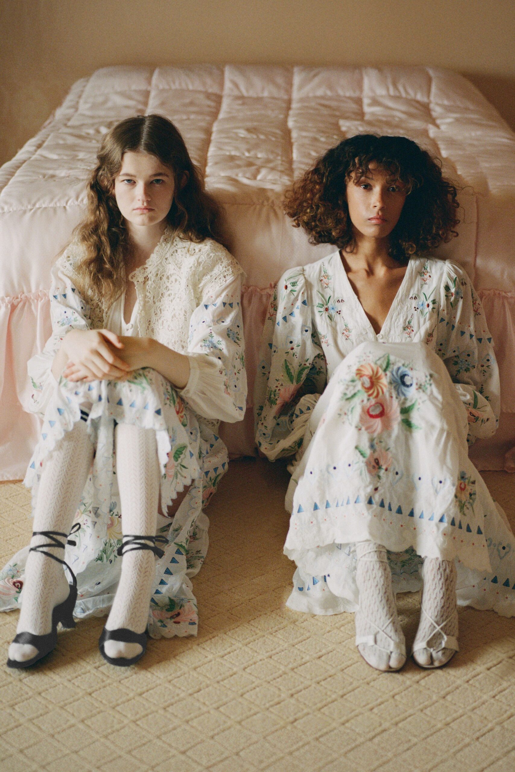 white cotton long-sleeve v-neck relaxed embroidered tiered dress