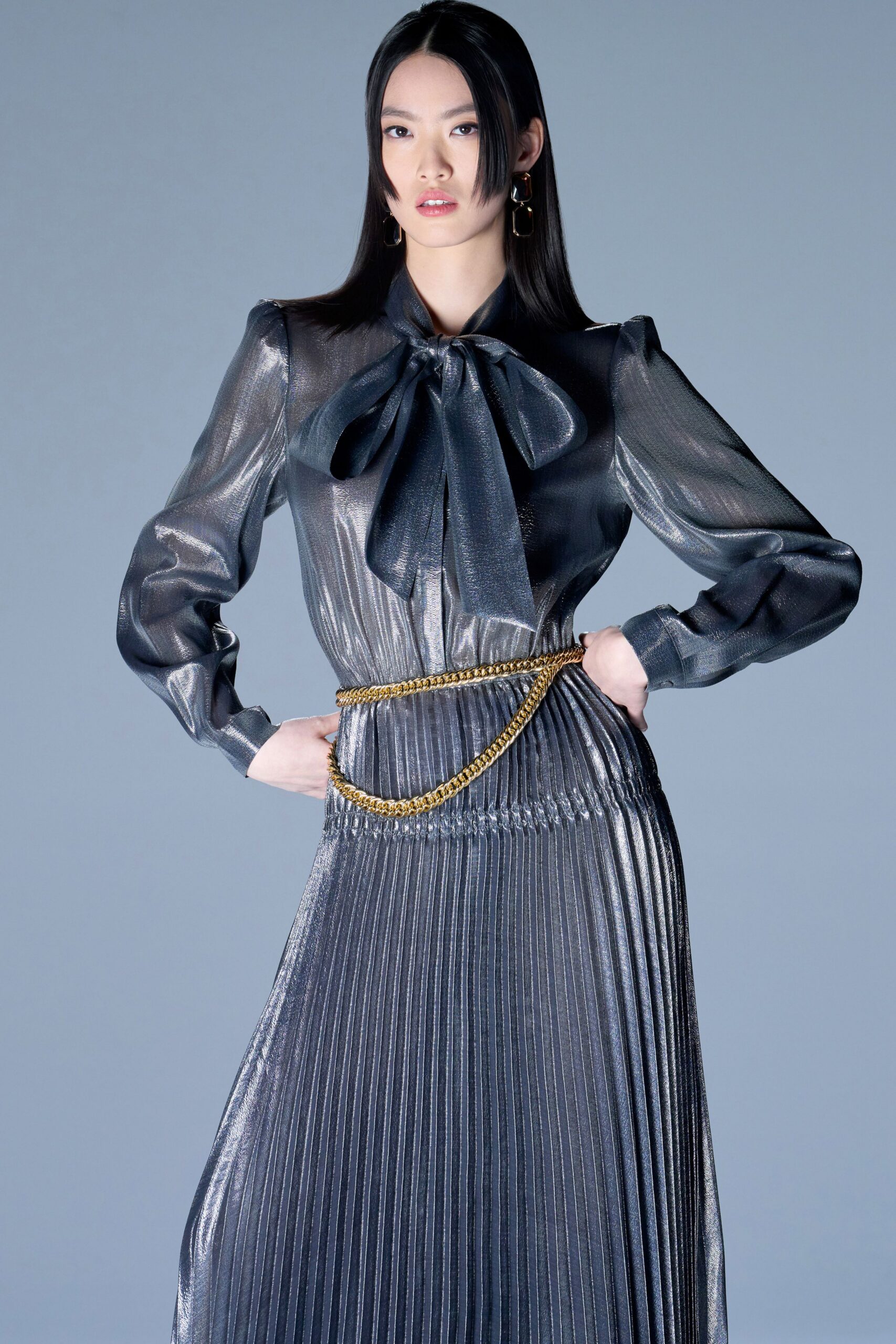 gray silk pleated maxi dress