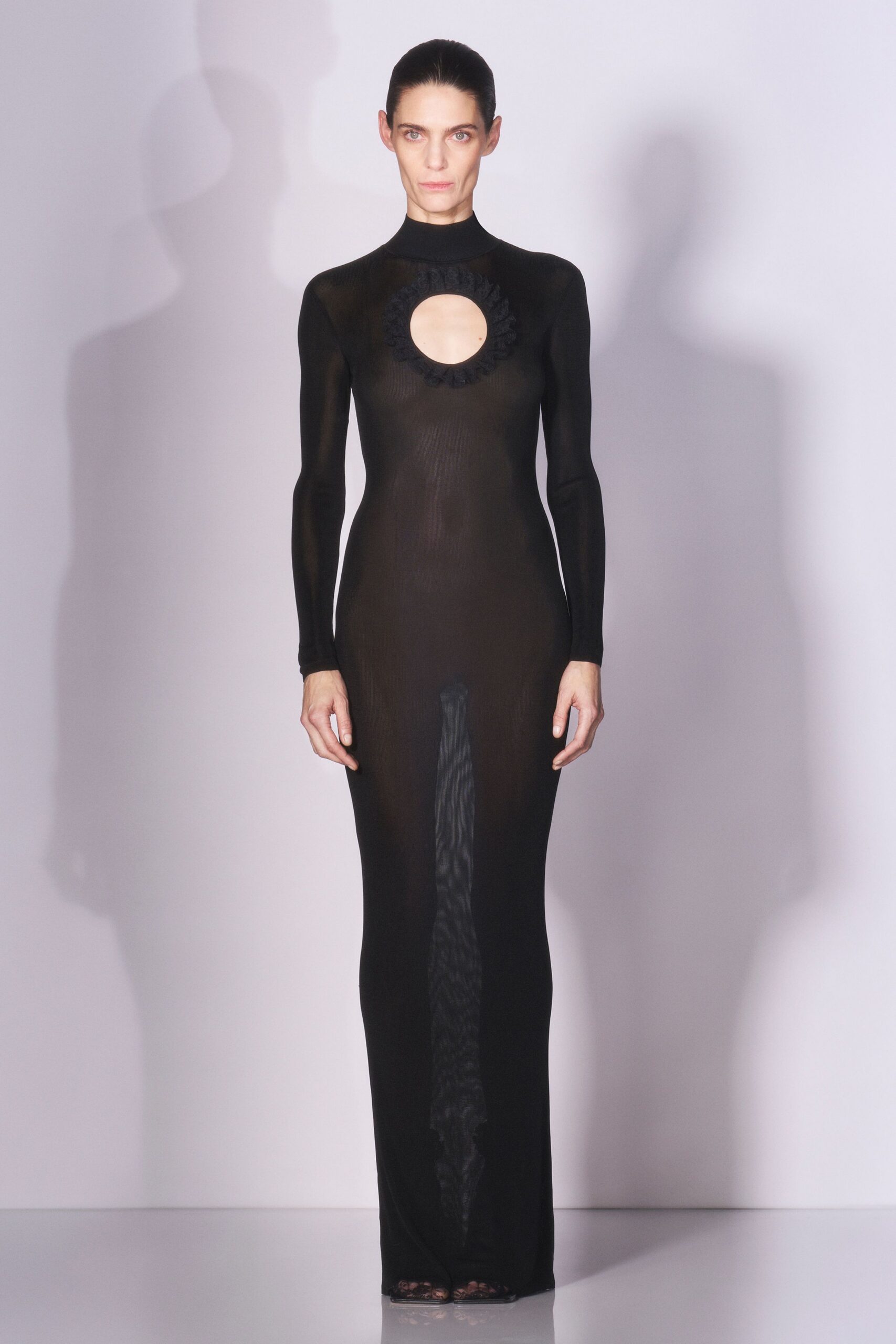black fitted long-sleeve gown
