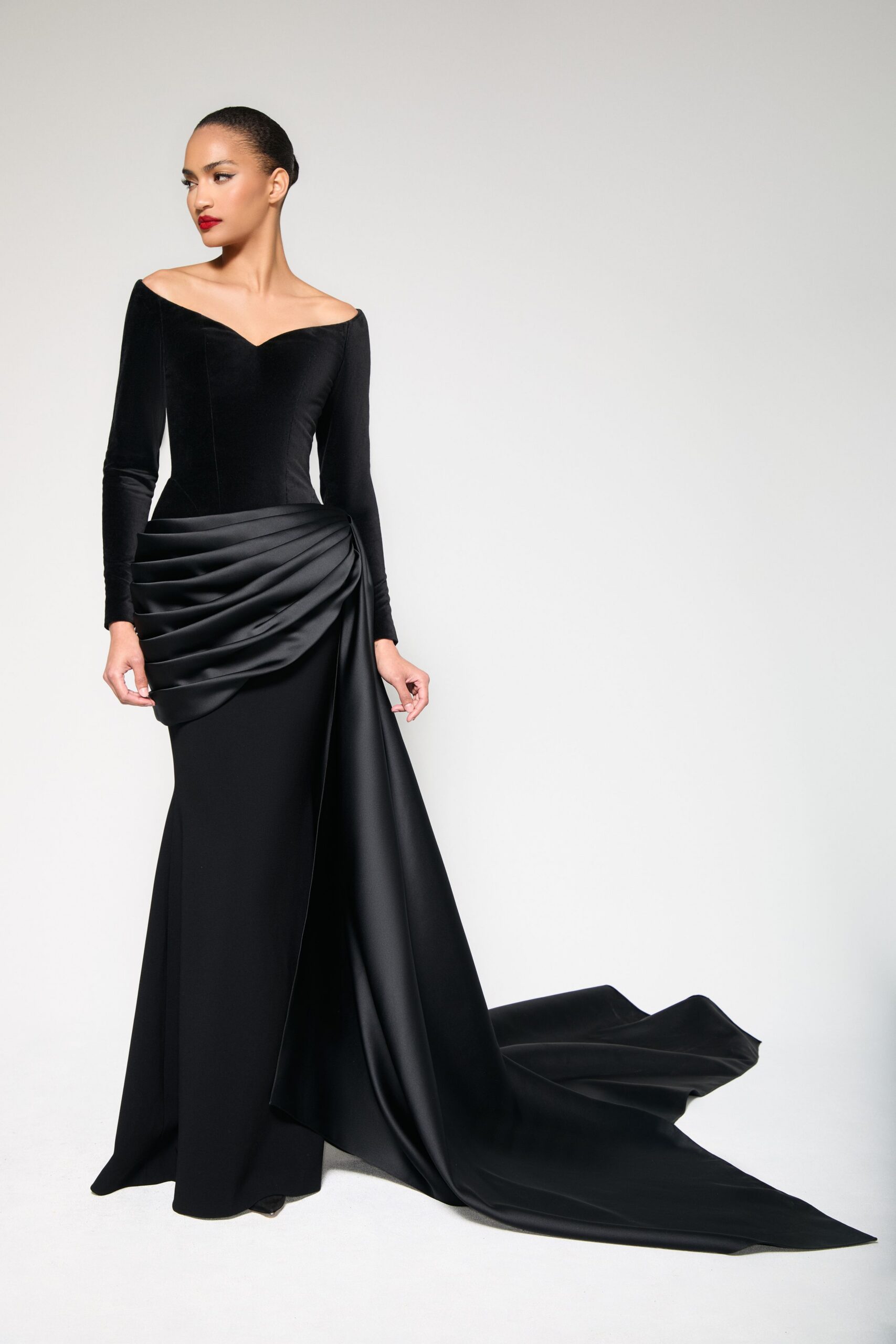 black silk off-shoulder gown