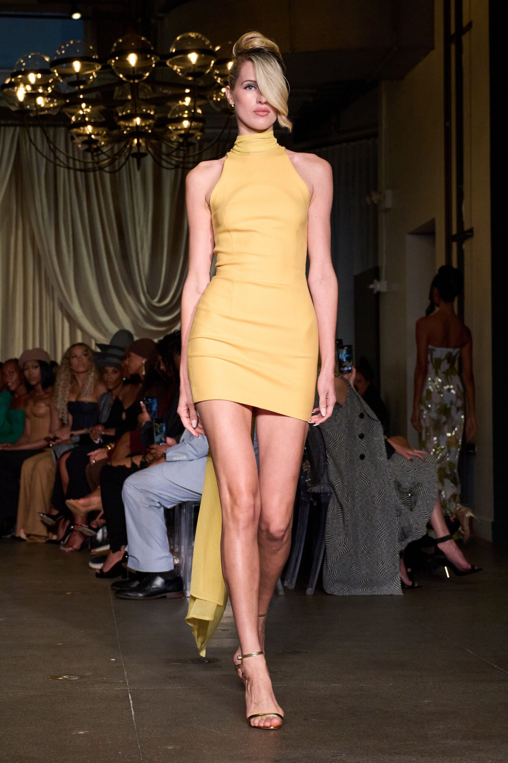yellow silk sleeveless high-neck fitted ruched mini dress