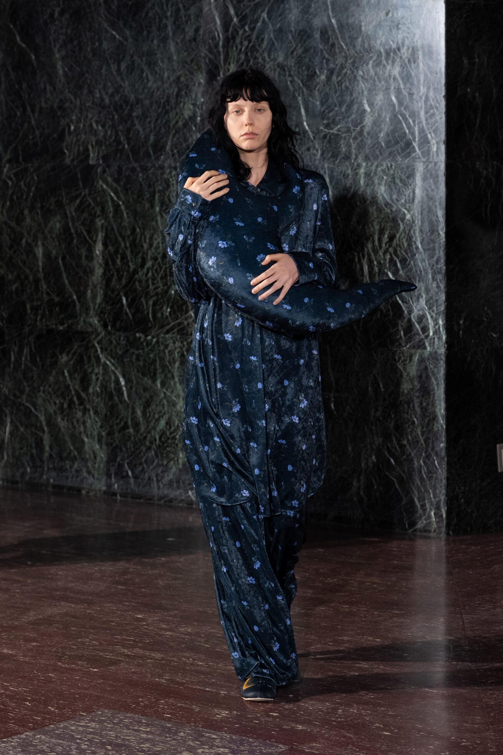 blue floral velvet maxi dress