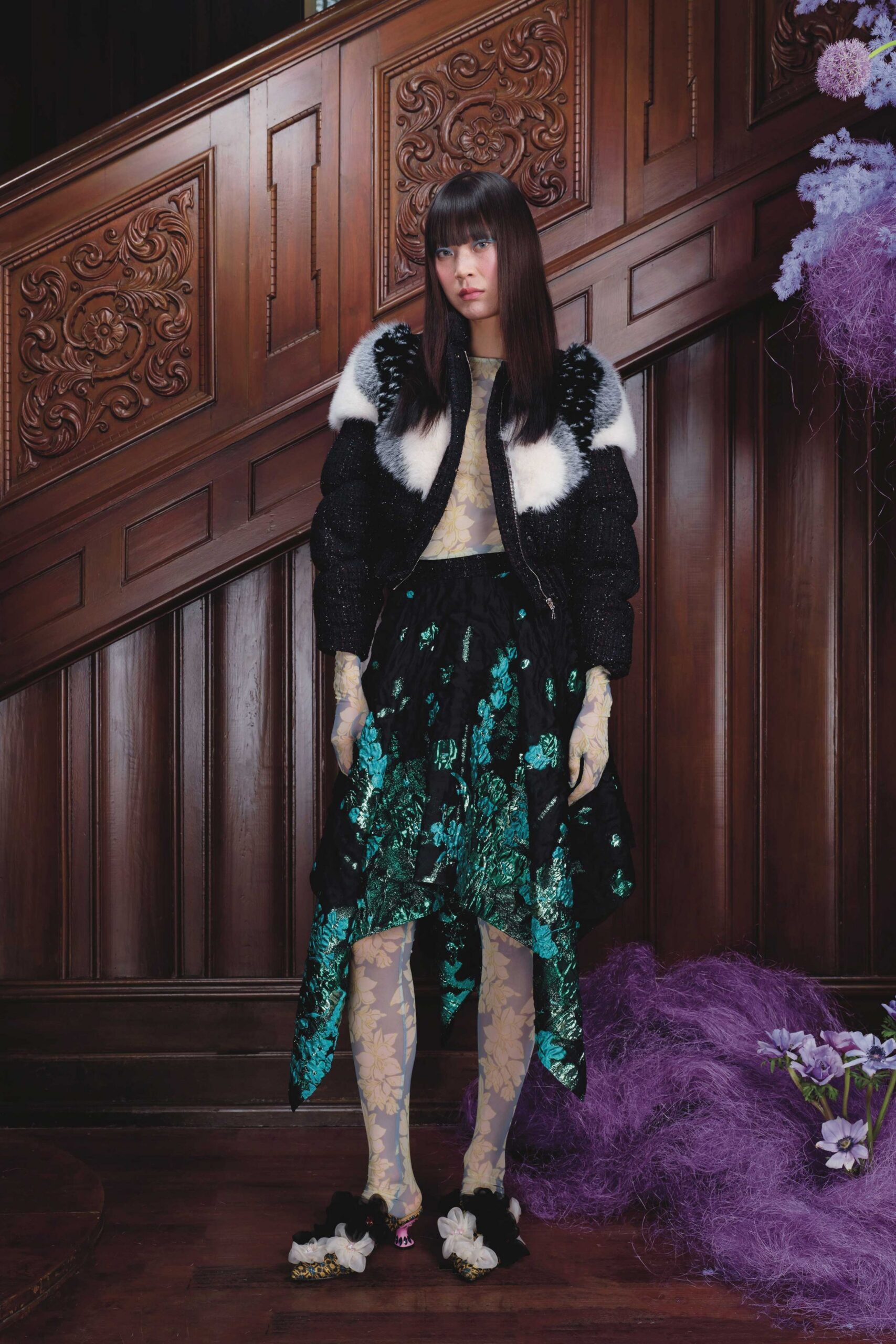 black fur fitted embellished shoes