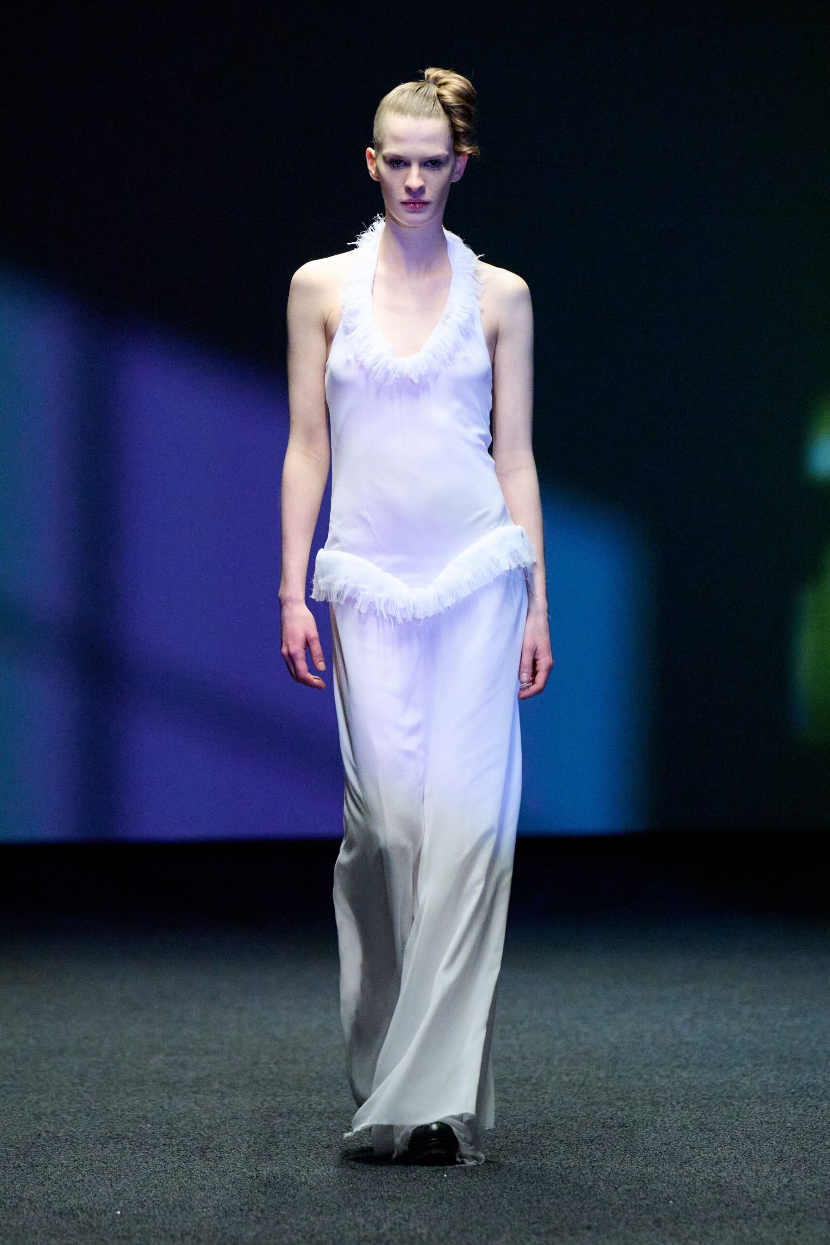 white silk sleeveless gown