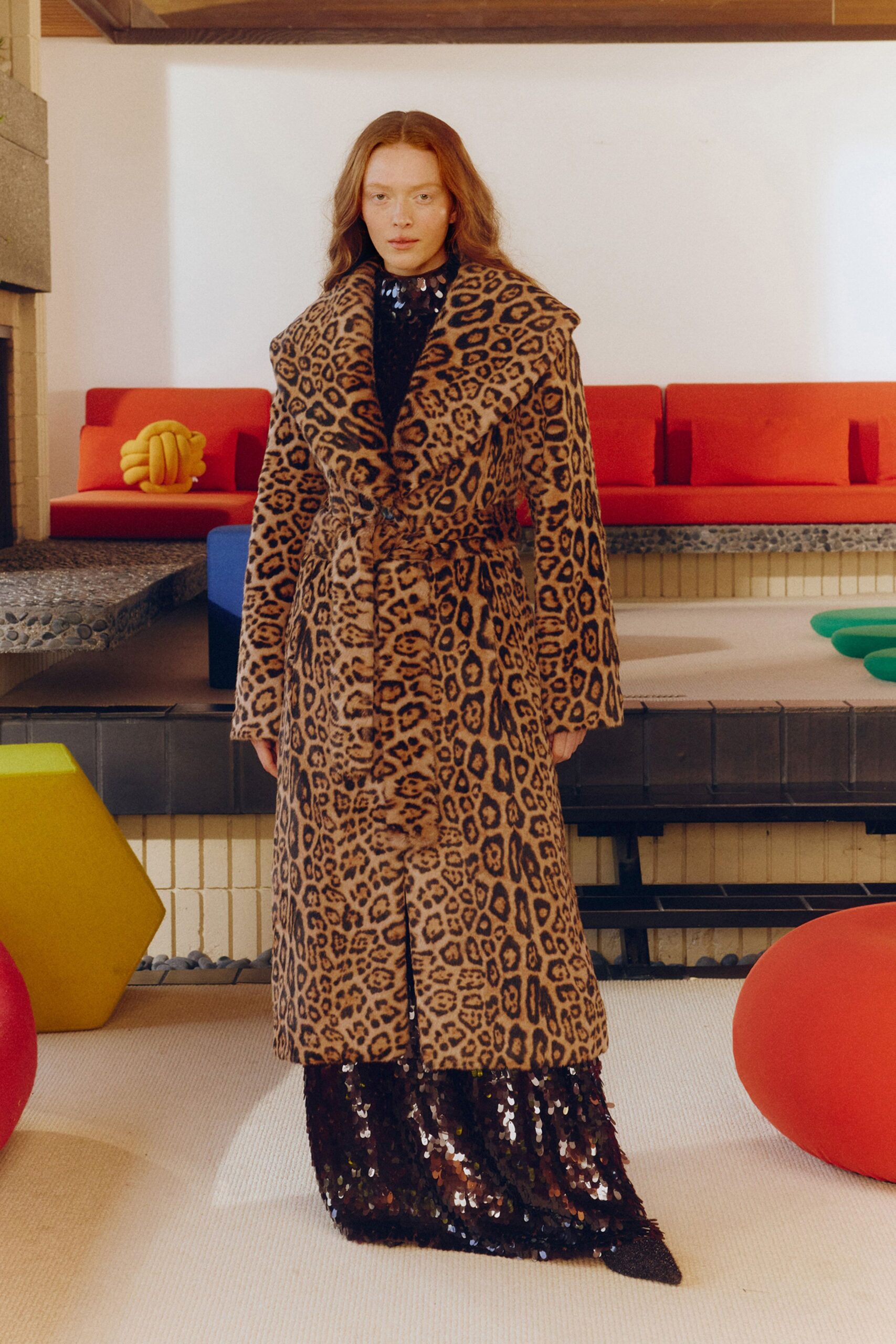 brown animal-print faux-fur coat and black sequin gown