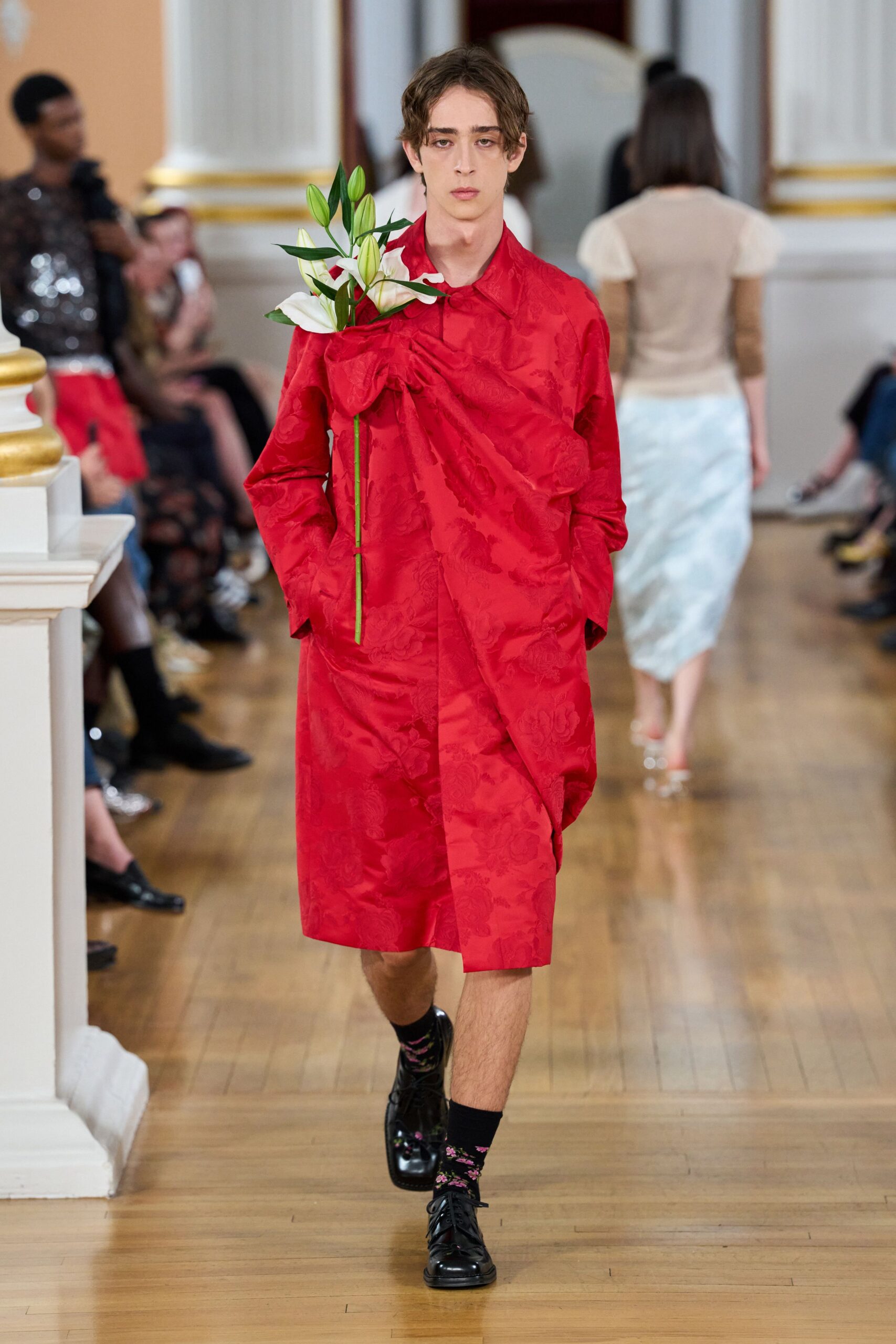 red silk long-sleeve collared relaxed draped midi dress