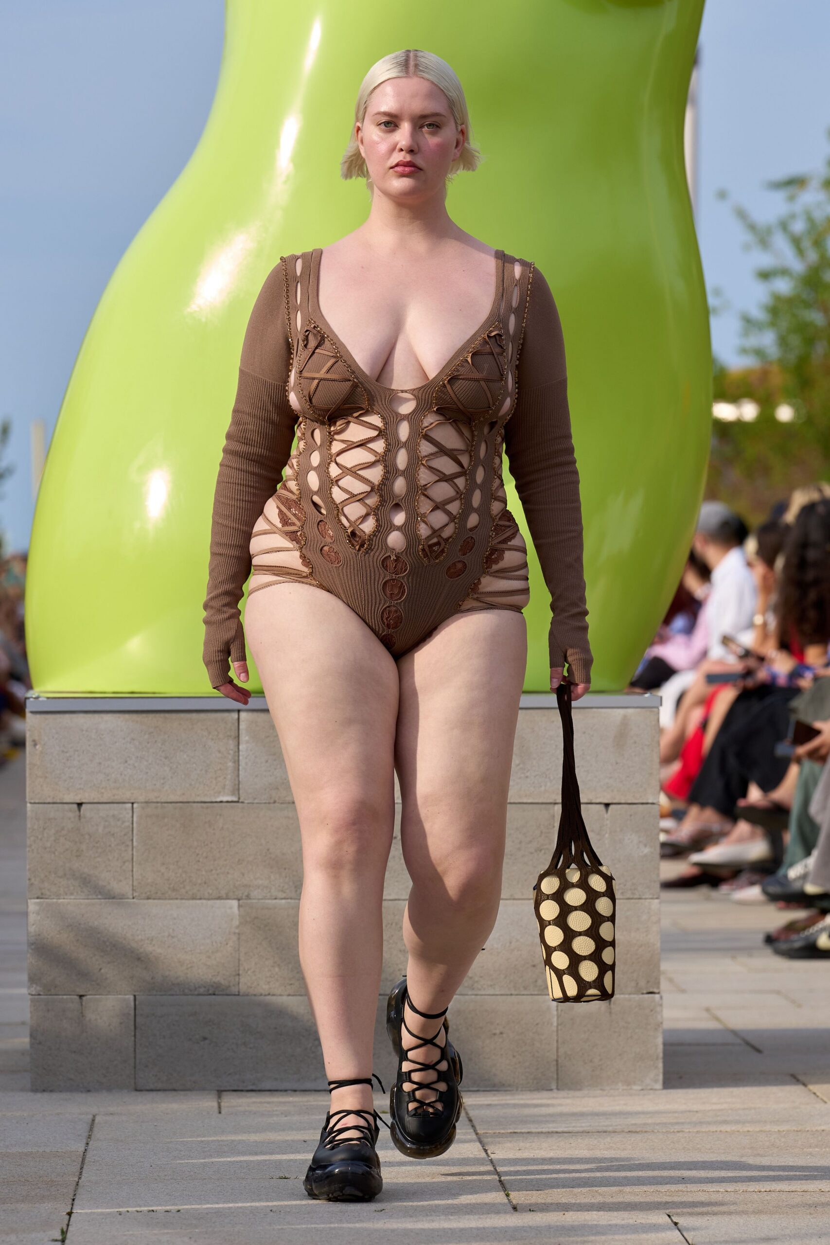 brown cutout bodysuit with bag
