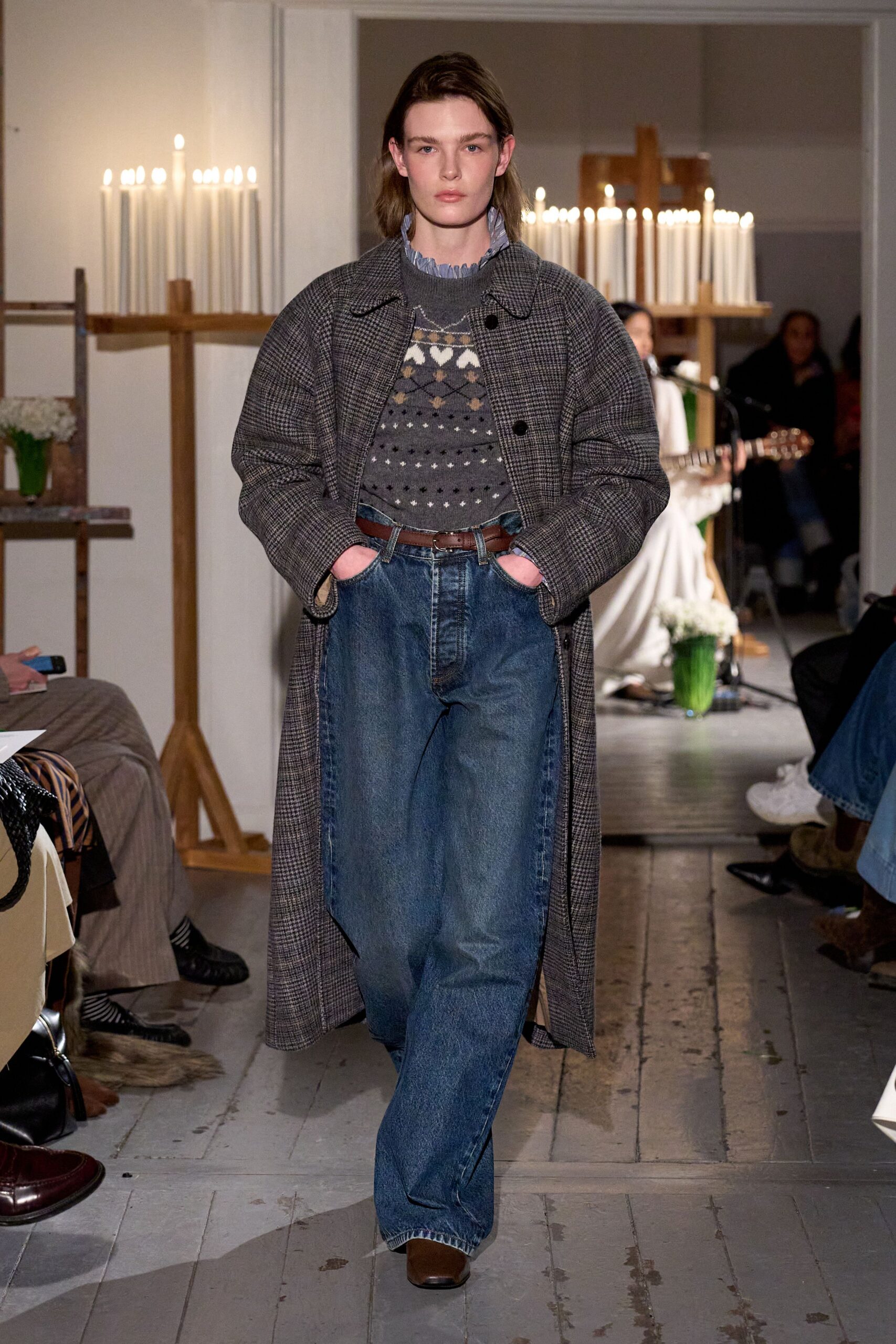 blue wool long-sleeve collared fitted embroidered sweater