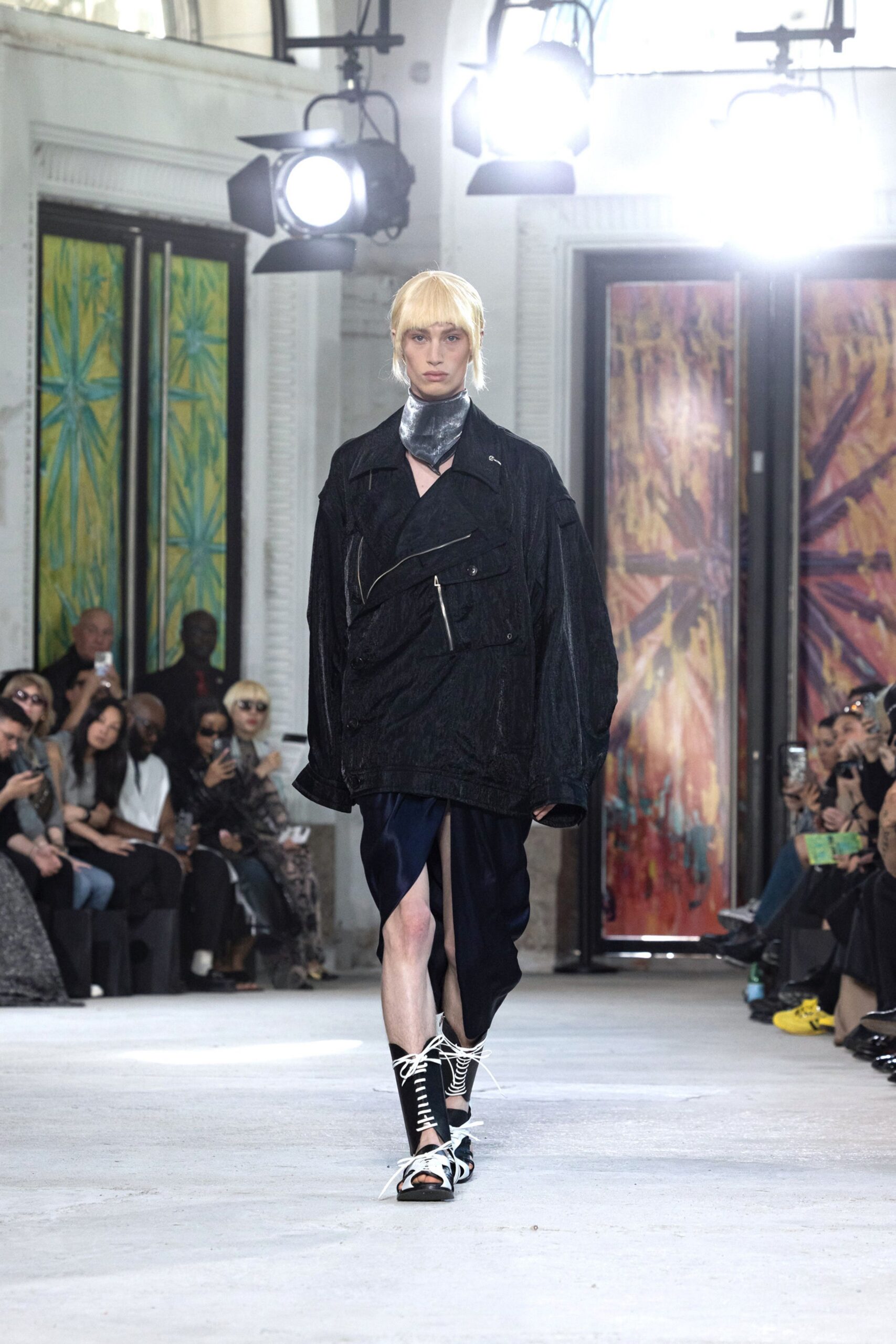 black denim long-sleeve collared oversized zippered jacket