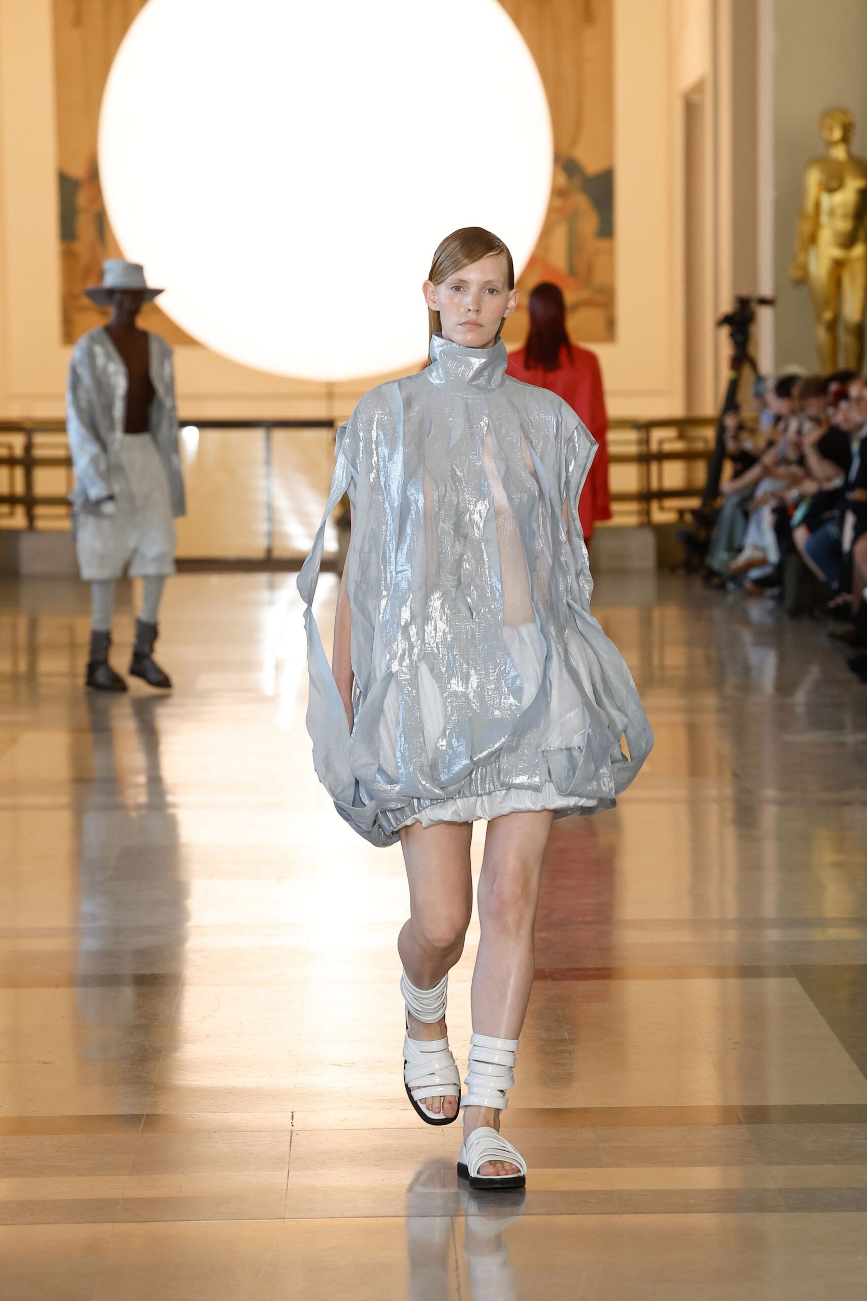 gray vinyl long-sleeve high-neck oversized layered shiny coat