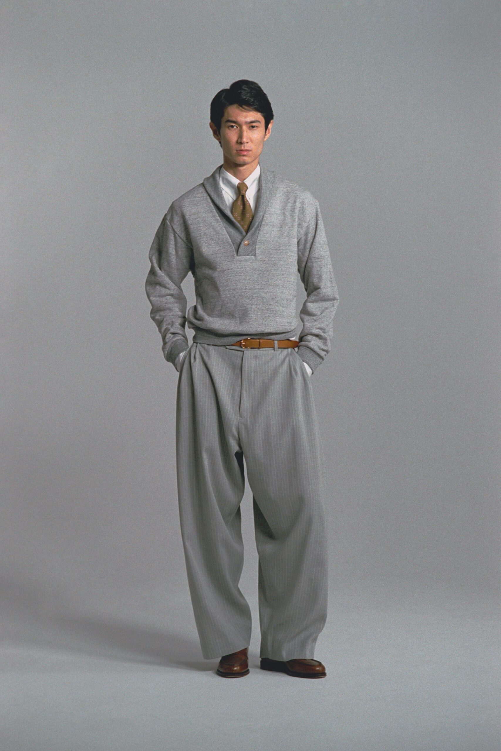 gray wool long-sleeve v-neck relaxed sweater