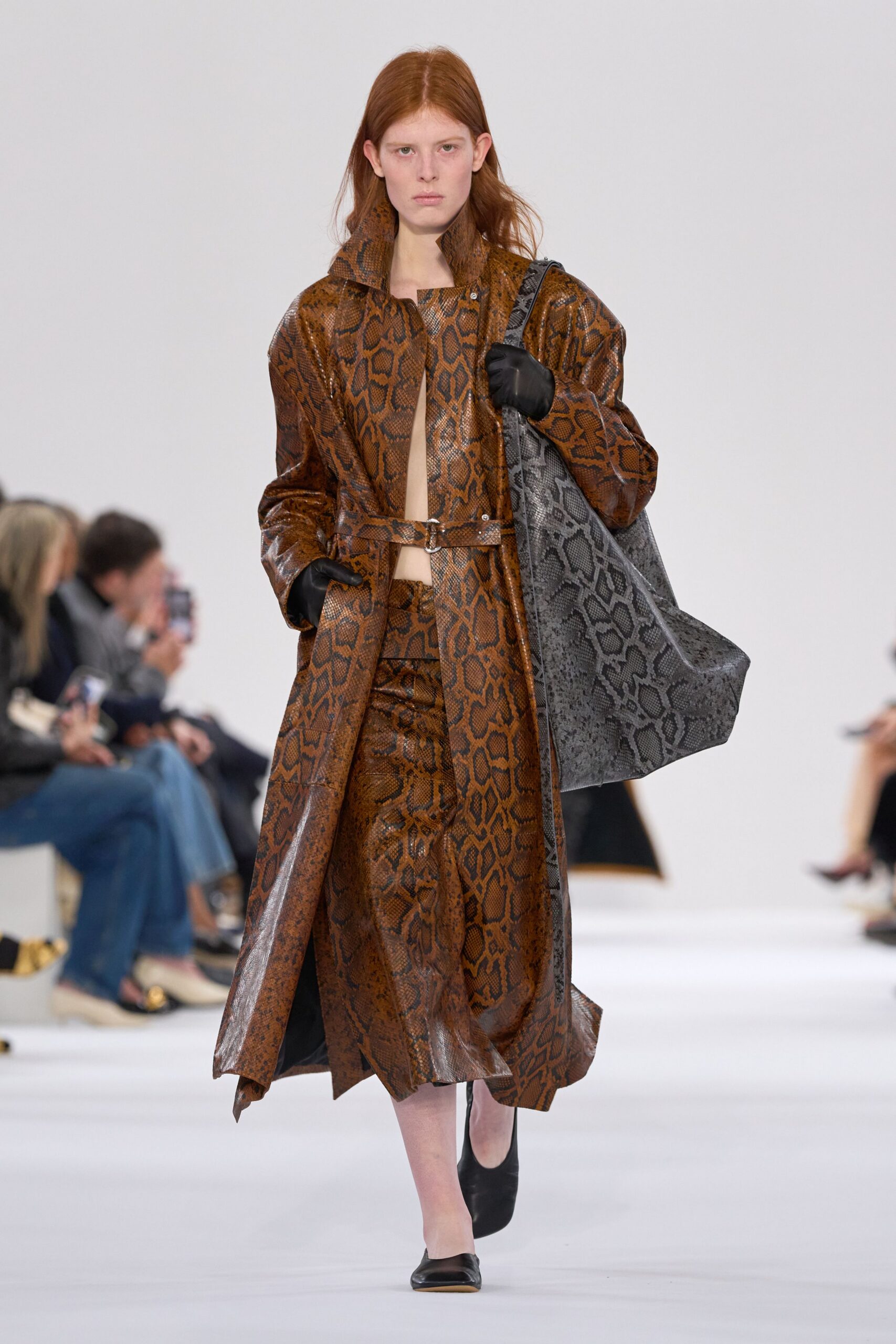 brown leather long-sleeve collared fitted animal-print belted coat