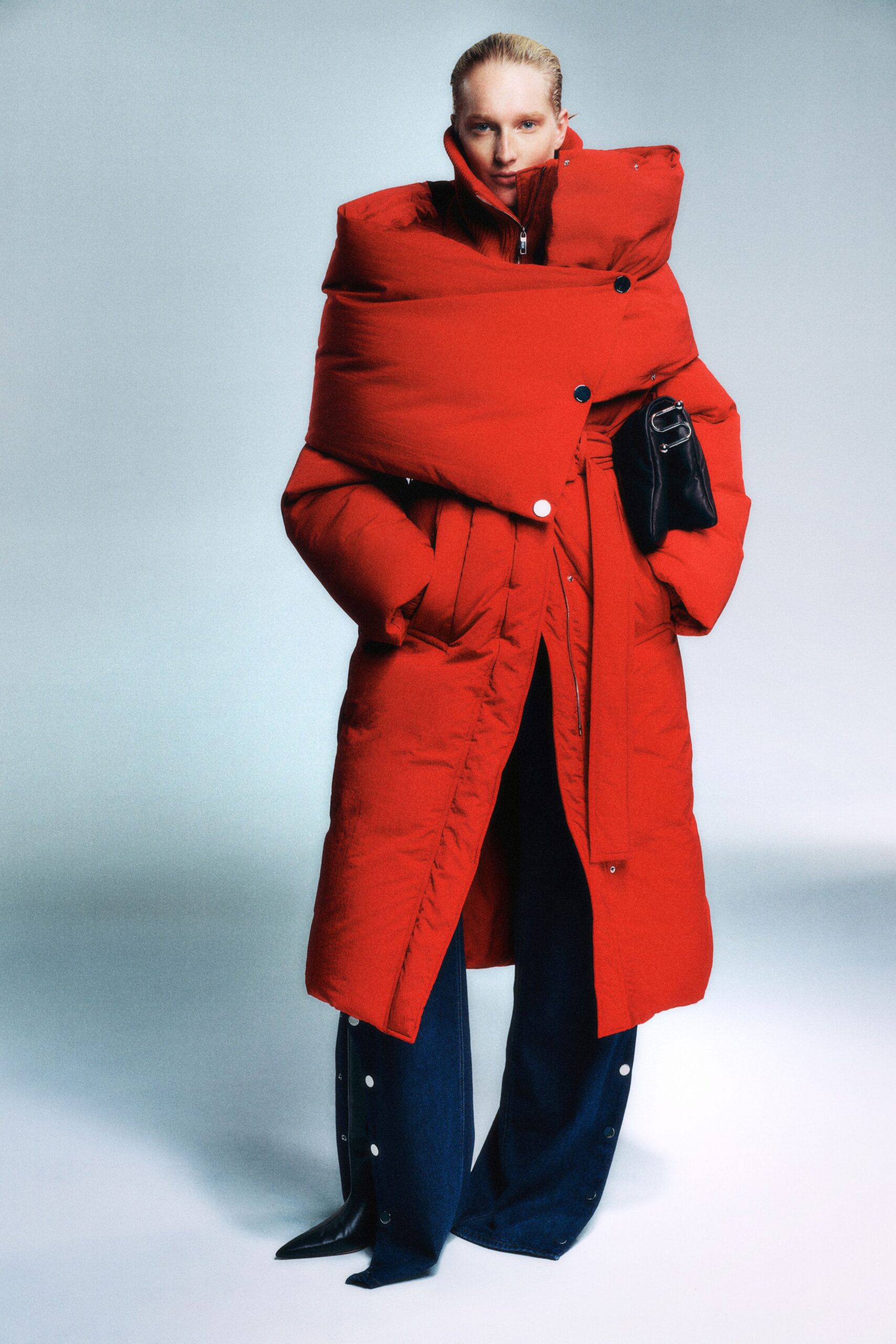 red jersey long-sleeve collared oversized padded maxi coat