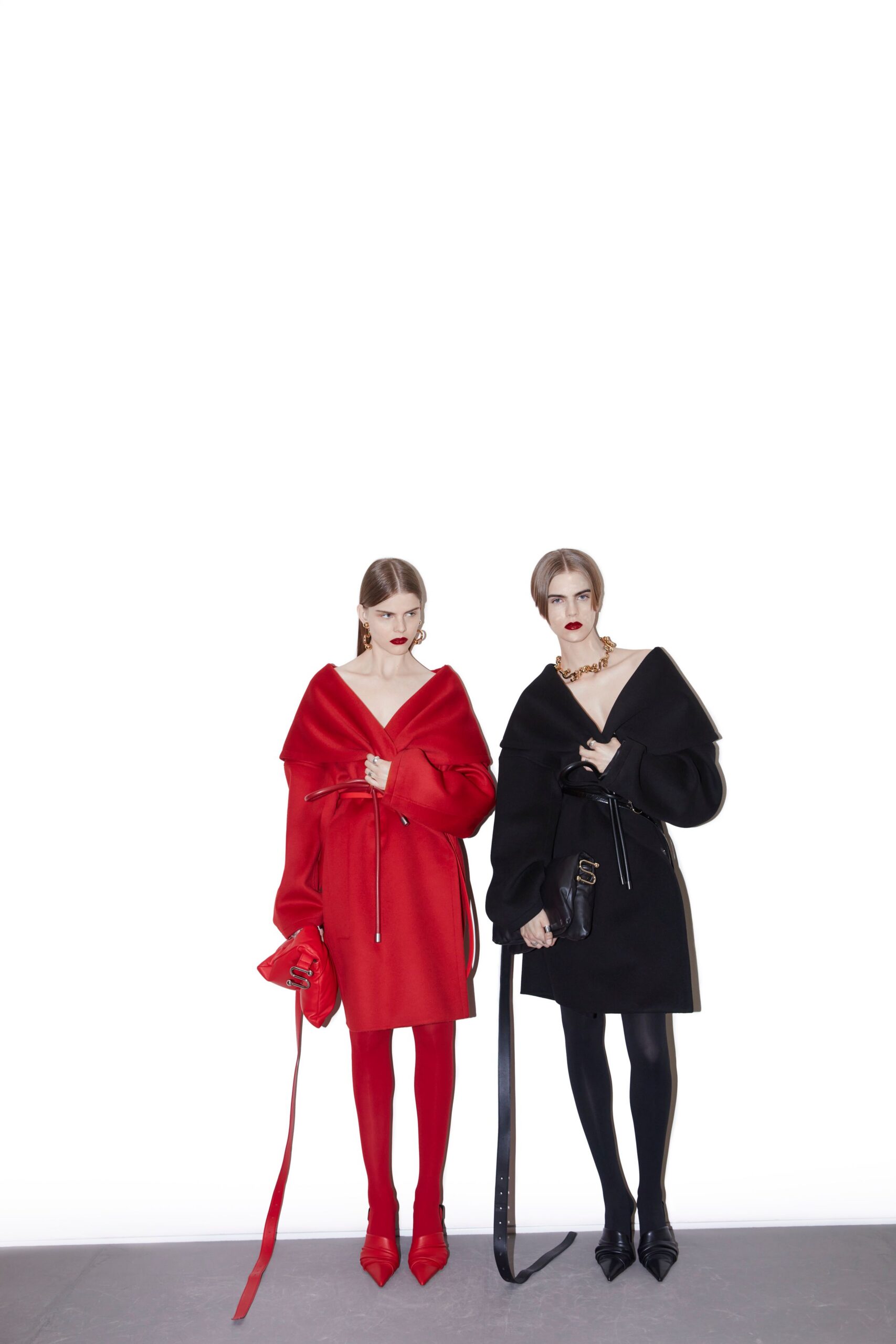 red wool long-sleeve v-neck oversized belted short dress