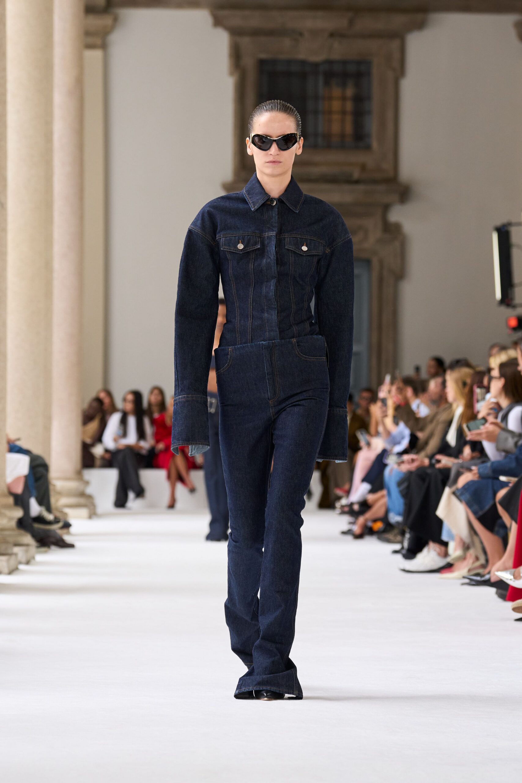 blue denim long-sleeve collared fitted zippered pockets jumpsuit