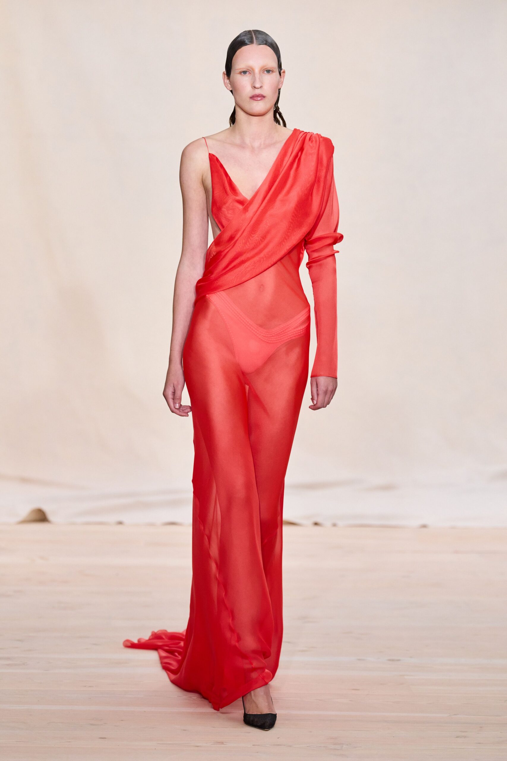 red silk sleeveless v-neck fitted draped sheer gown
