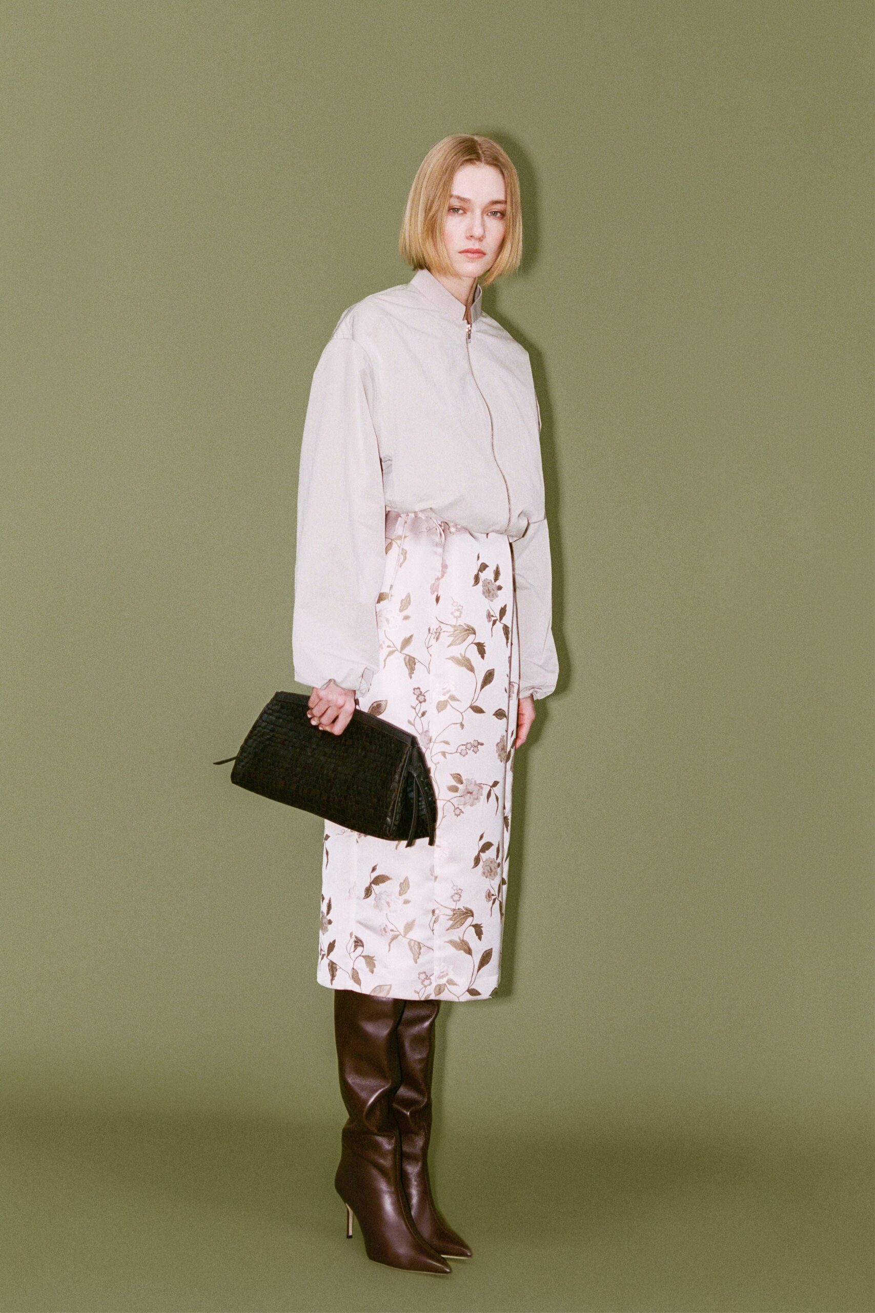 gray shirt white floral skirt