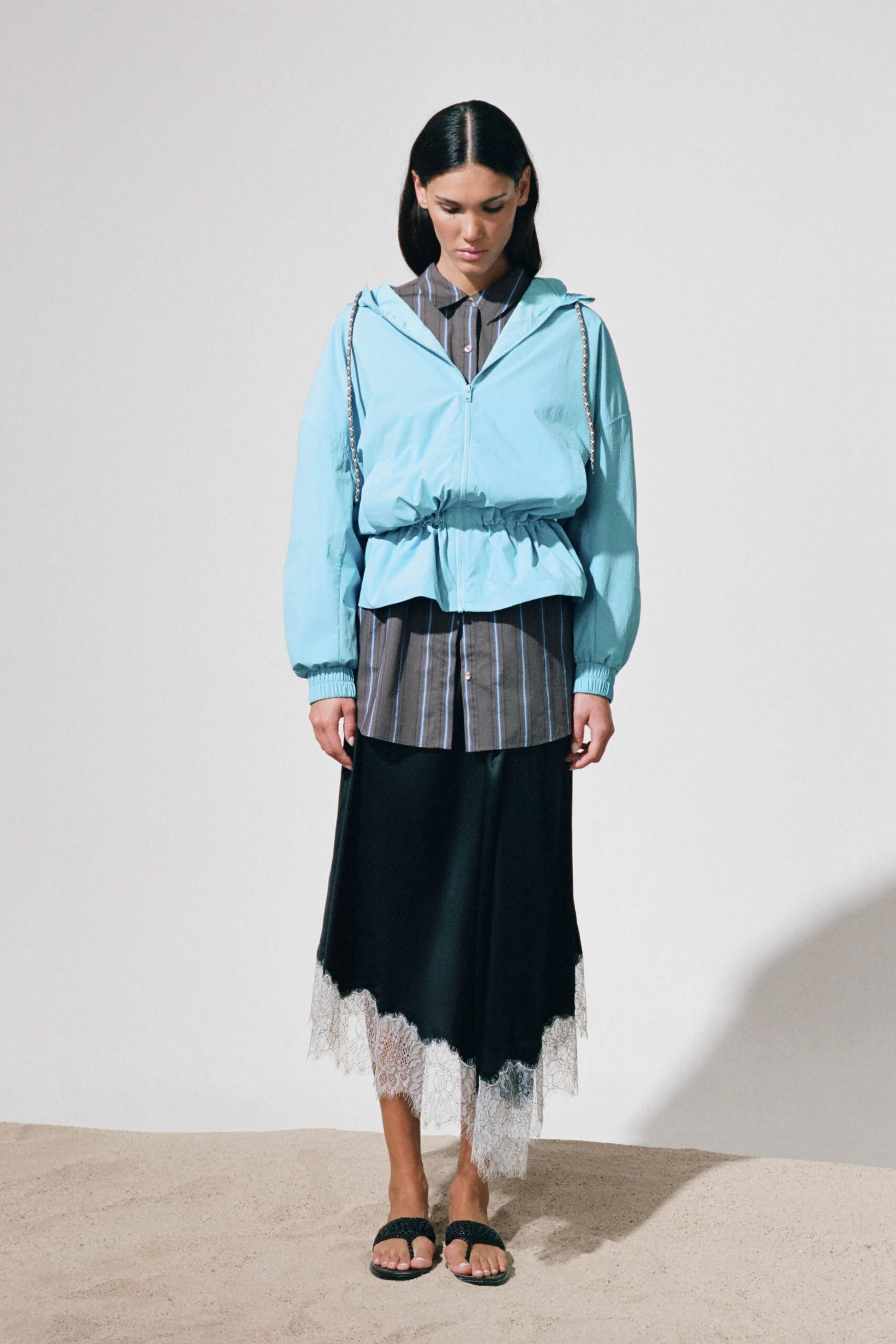 blue relaxed jacket with gray shirt