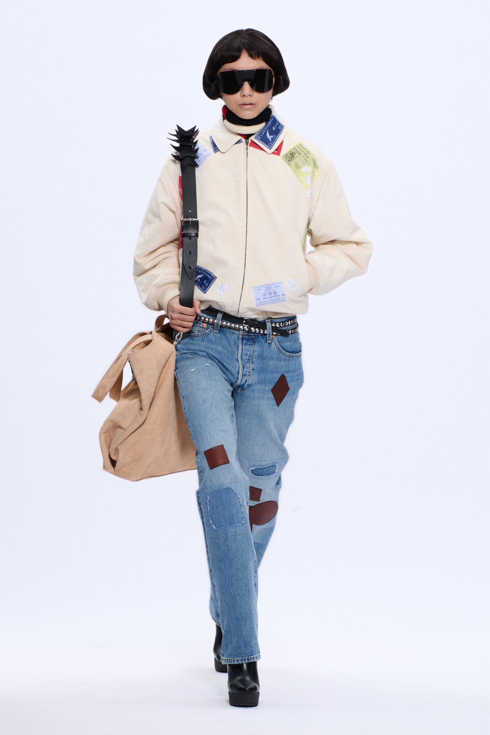 beige cotton long-sleeve collared relaxed buttoned patchwork jacket