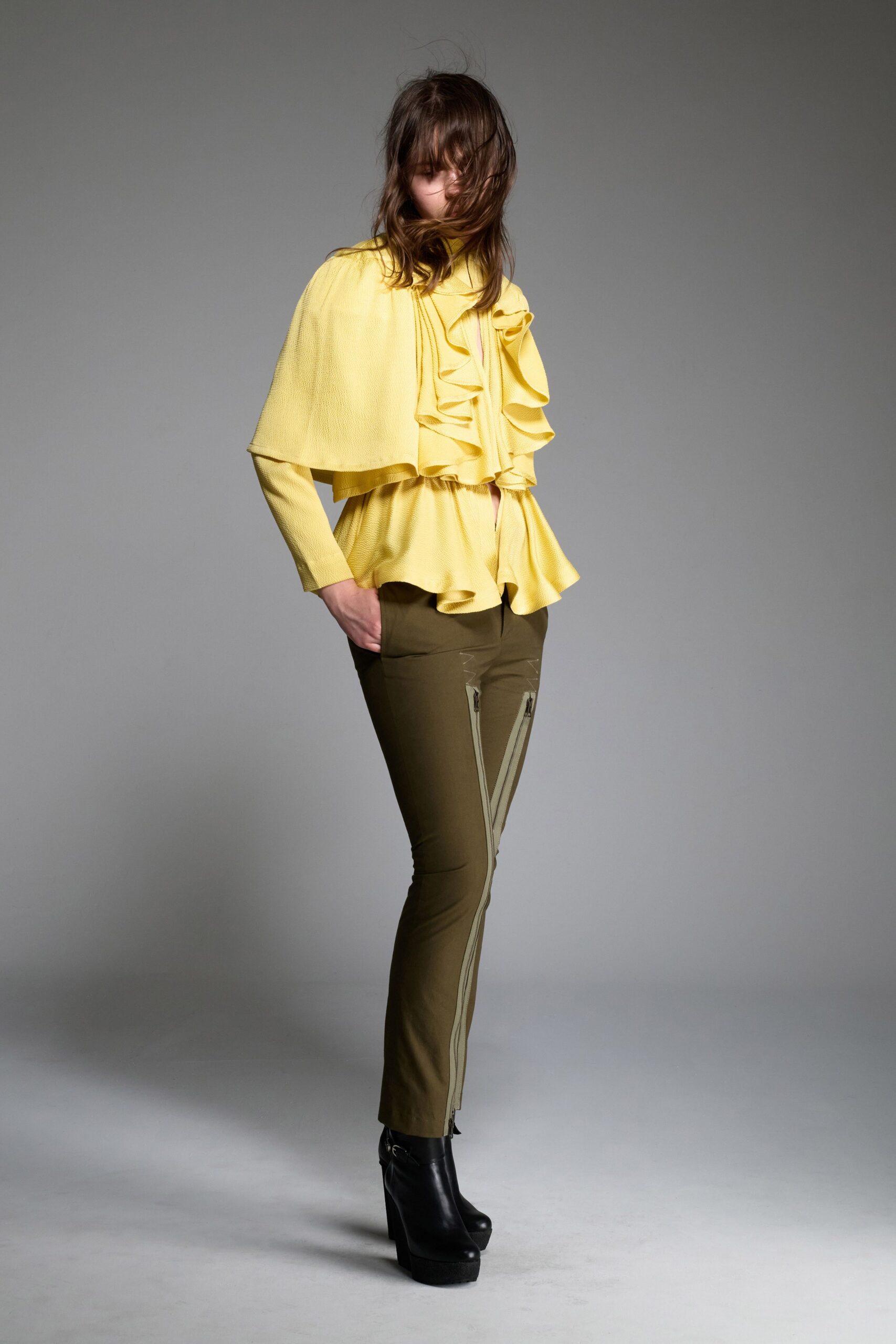 yellow cotton long-sleeve collared fitted ruffled top