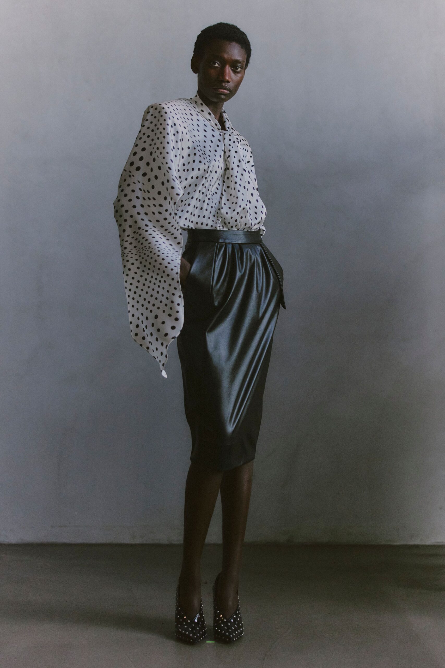 white silk long-sleeve collared relaxed polka-dot blouse