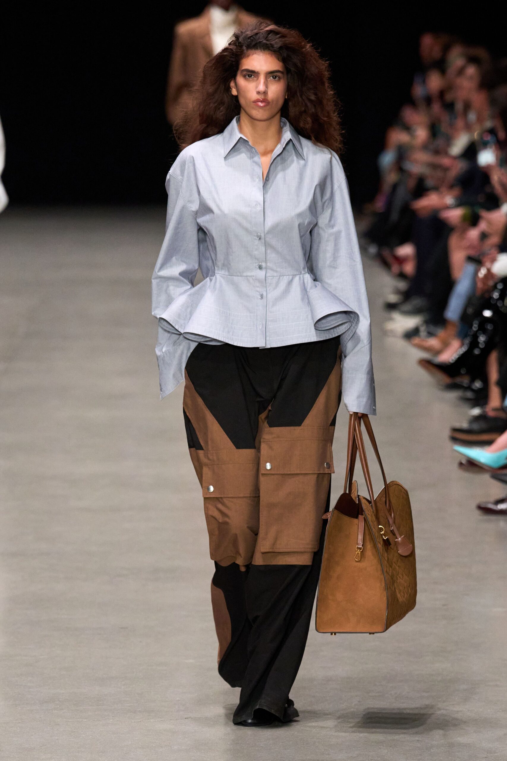 blue fitted shirt brown cargo pants