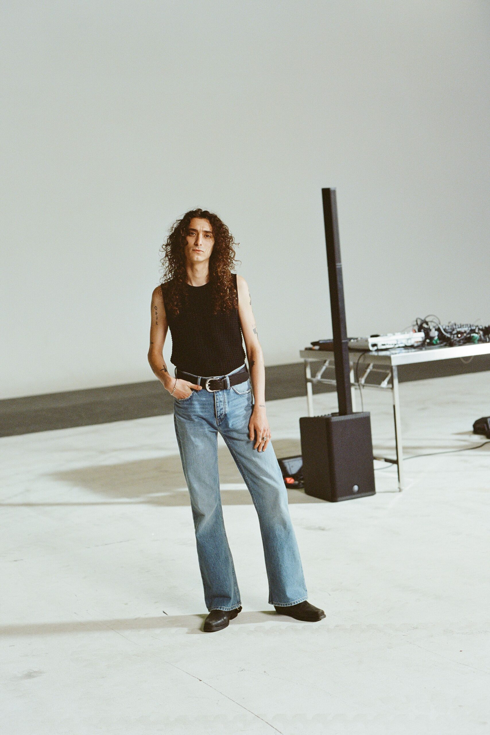 blue denim relaxed flared pants