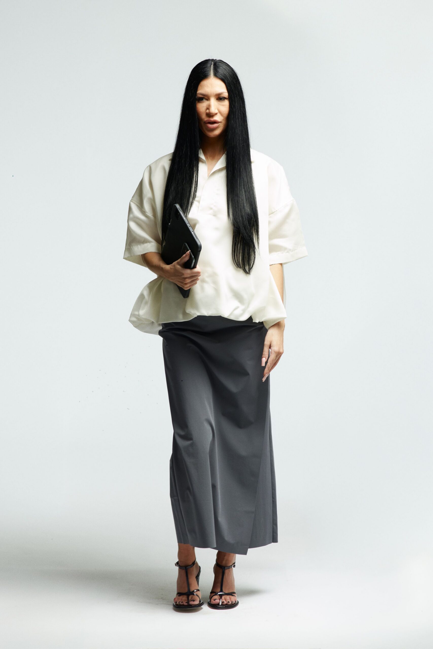 white relaxed top gray midi skirt
