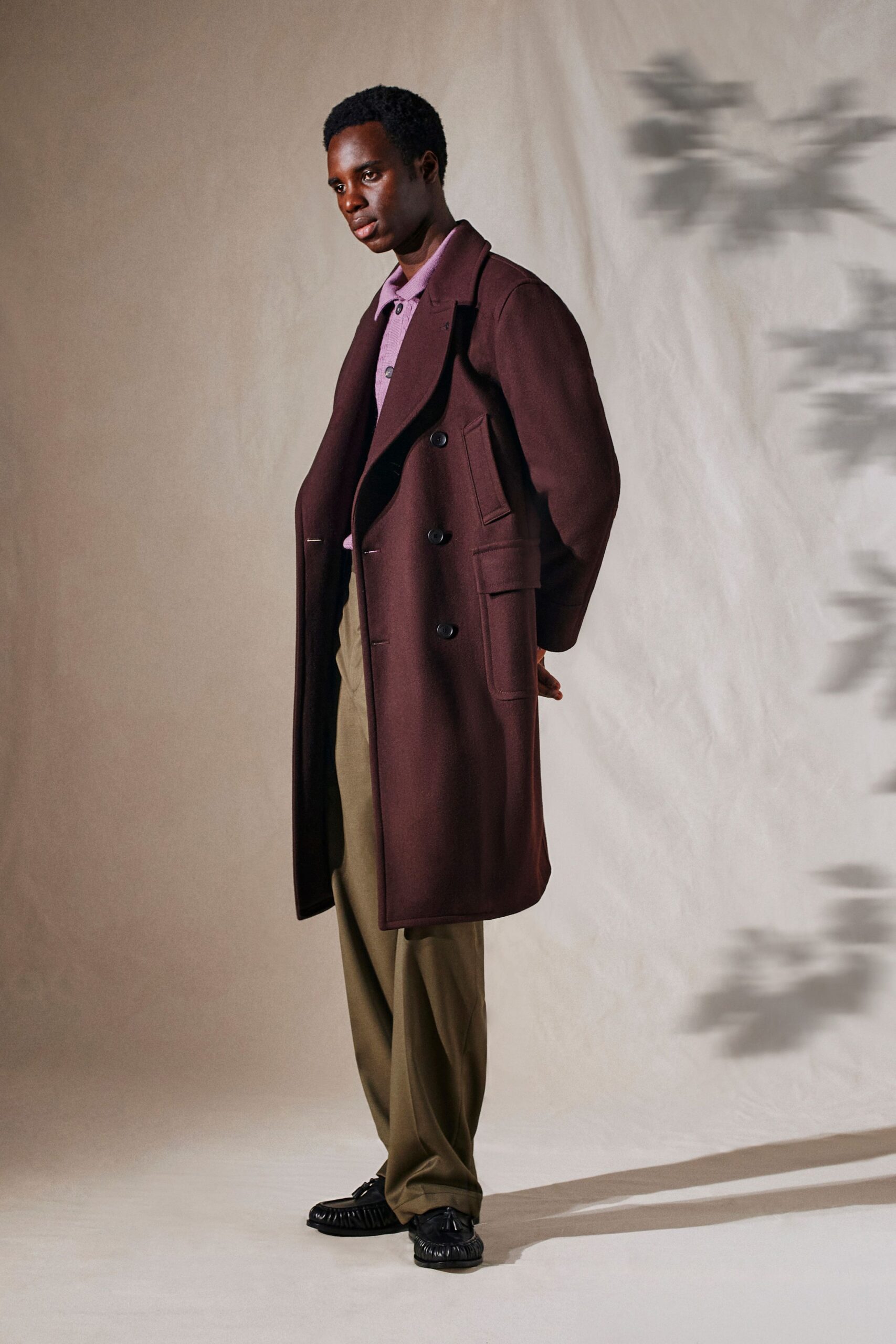 brown wool long-sleeve collared relaxed coat