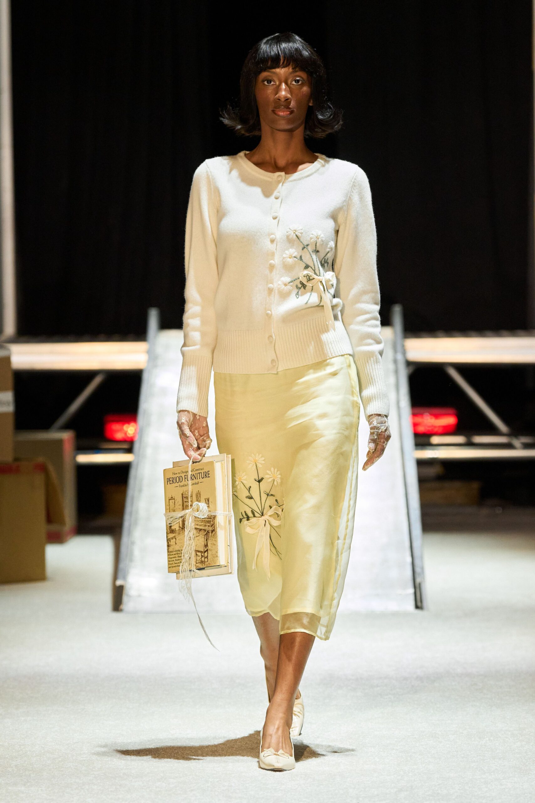 white cardigan yellow midi skirt