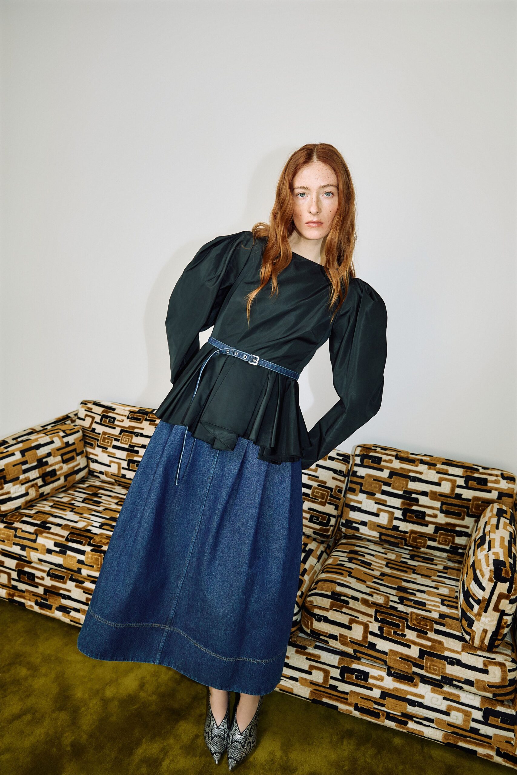 blue denim relaxed a-line midi skirt
