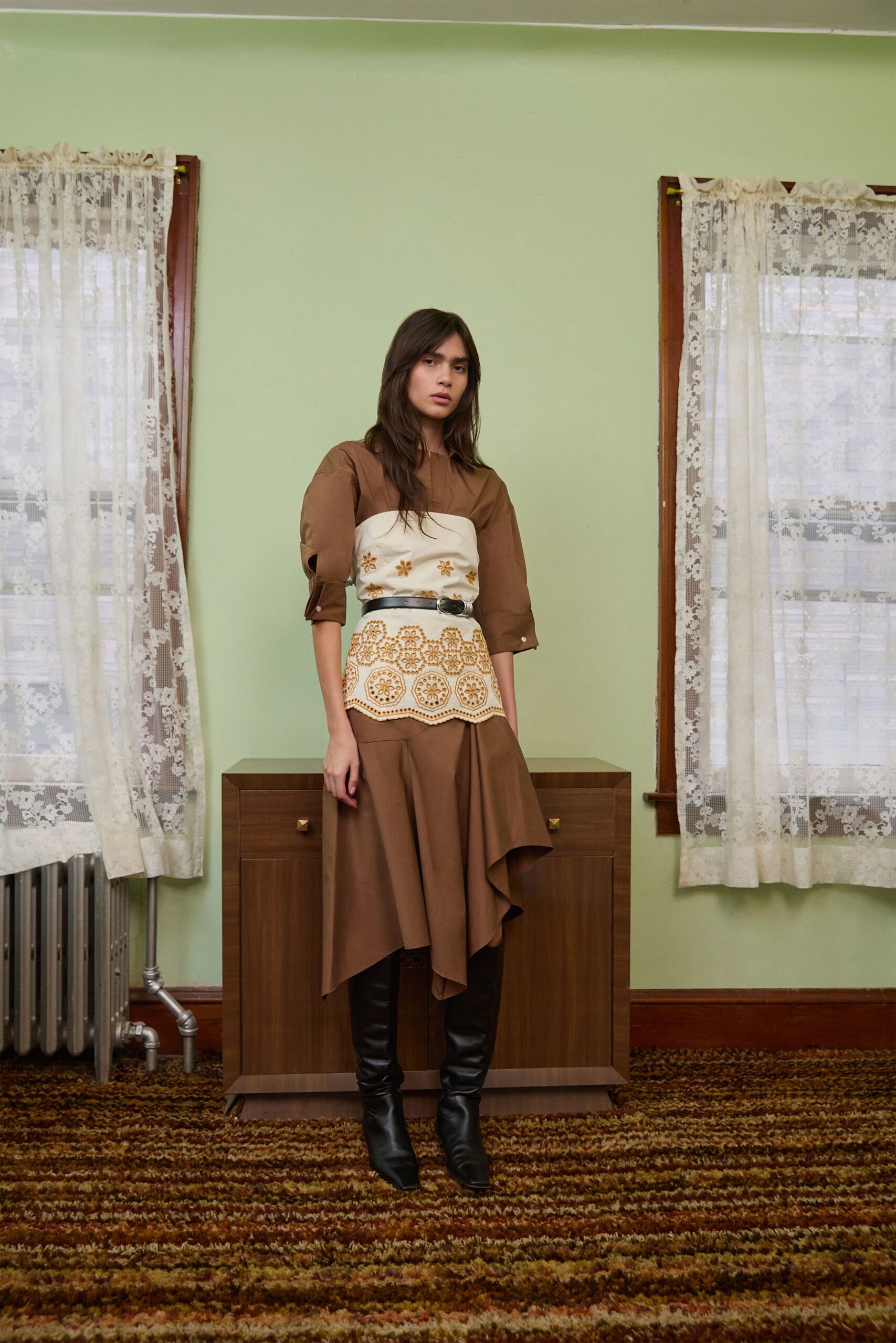 brown cotton short-sleeve high-neck fitted embroidered midi dress