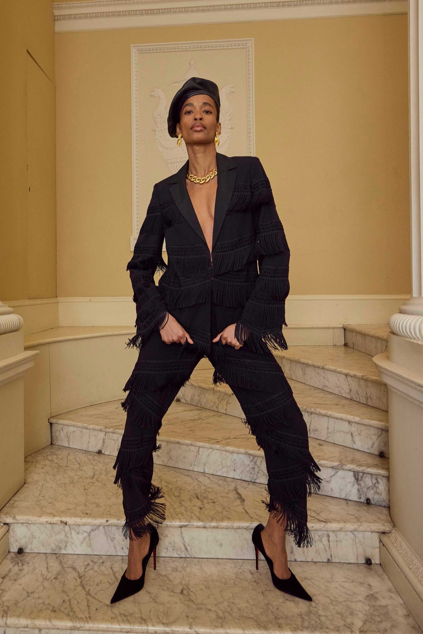 black fringed suit with heels