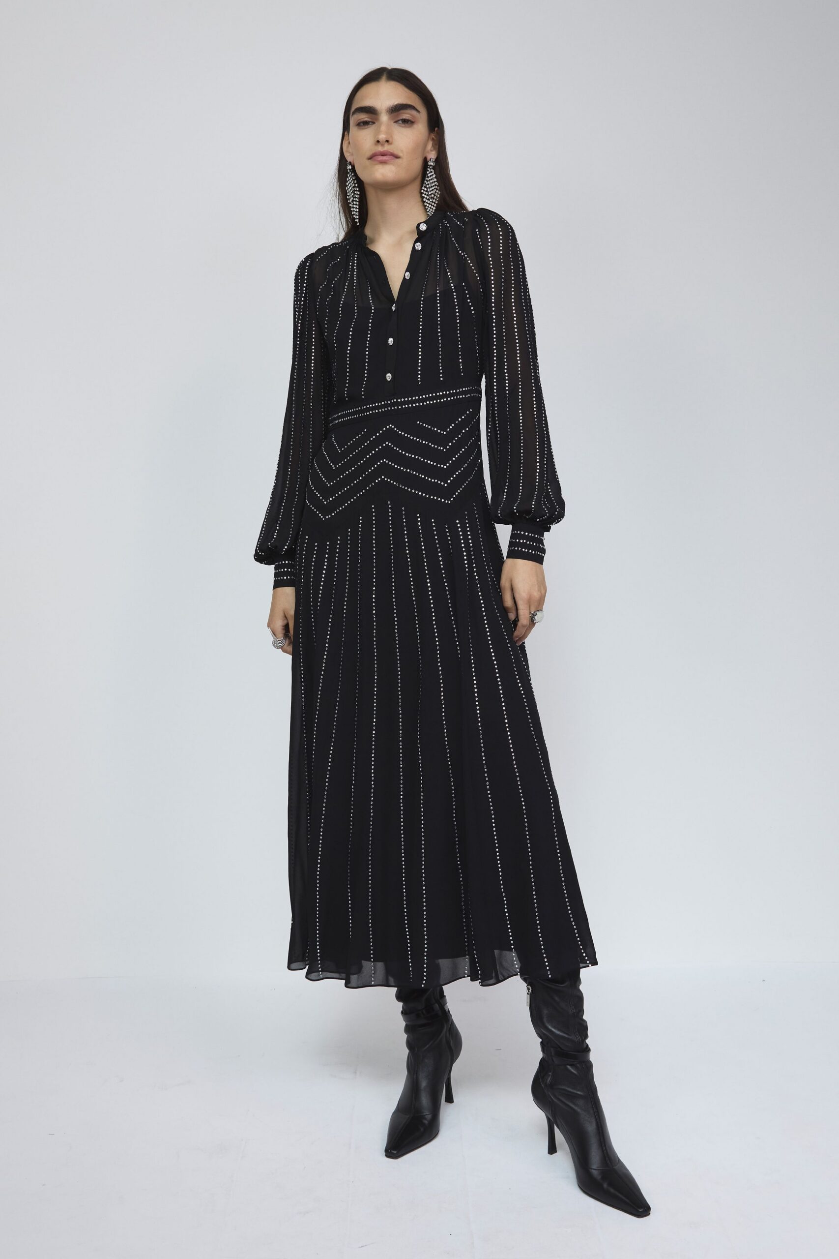 black chiffon long-sleeve collared fitted pleated embroidered dress