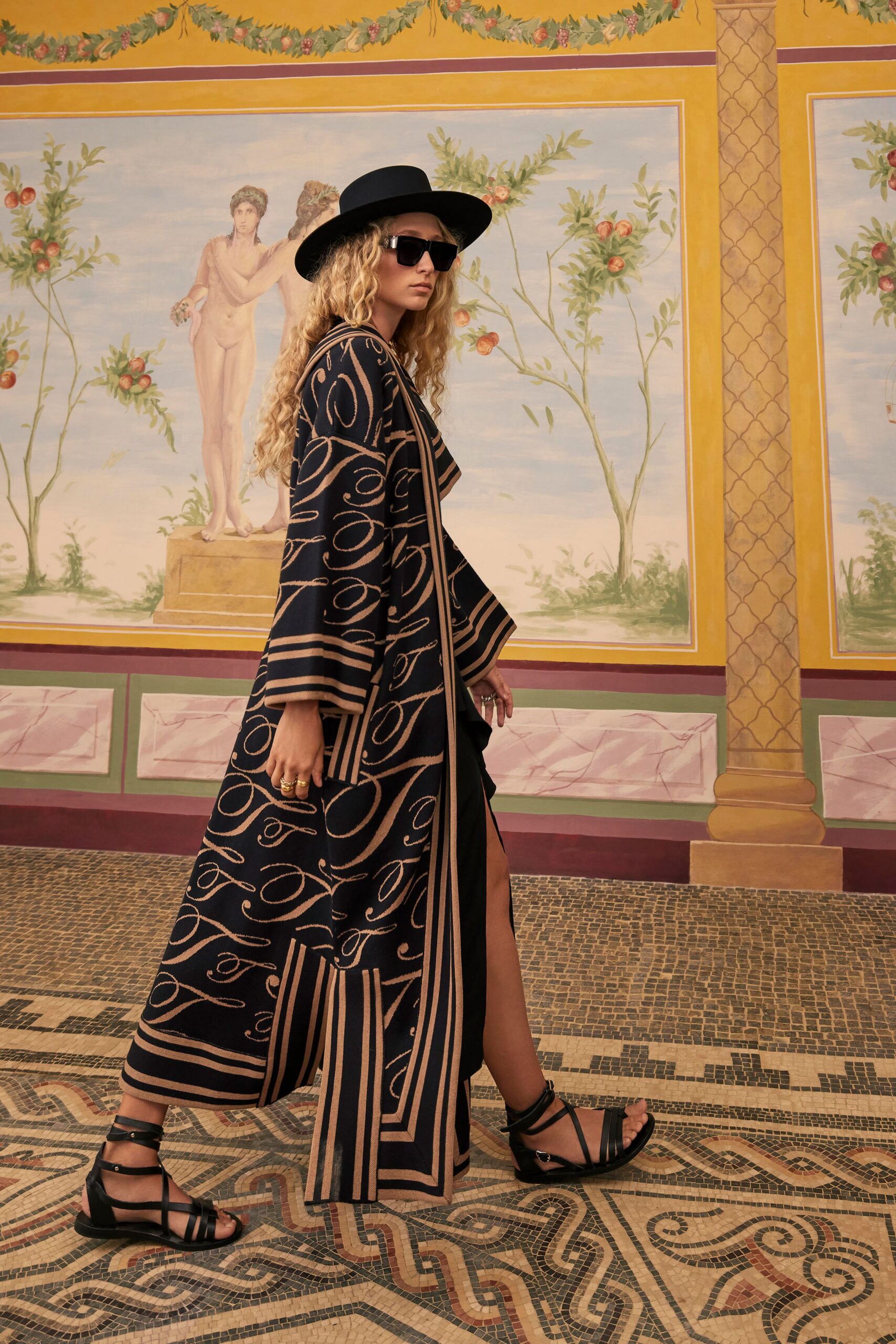 black cotton long-sleeve collared relaxed printed draped coat