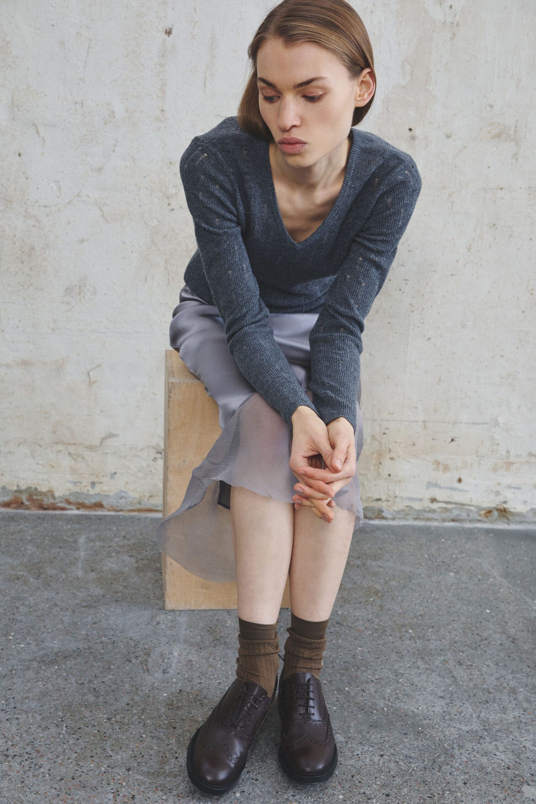 gray silk asymmetric relaxed layered flowing skirt