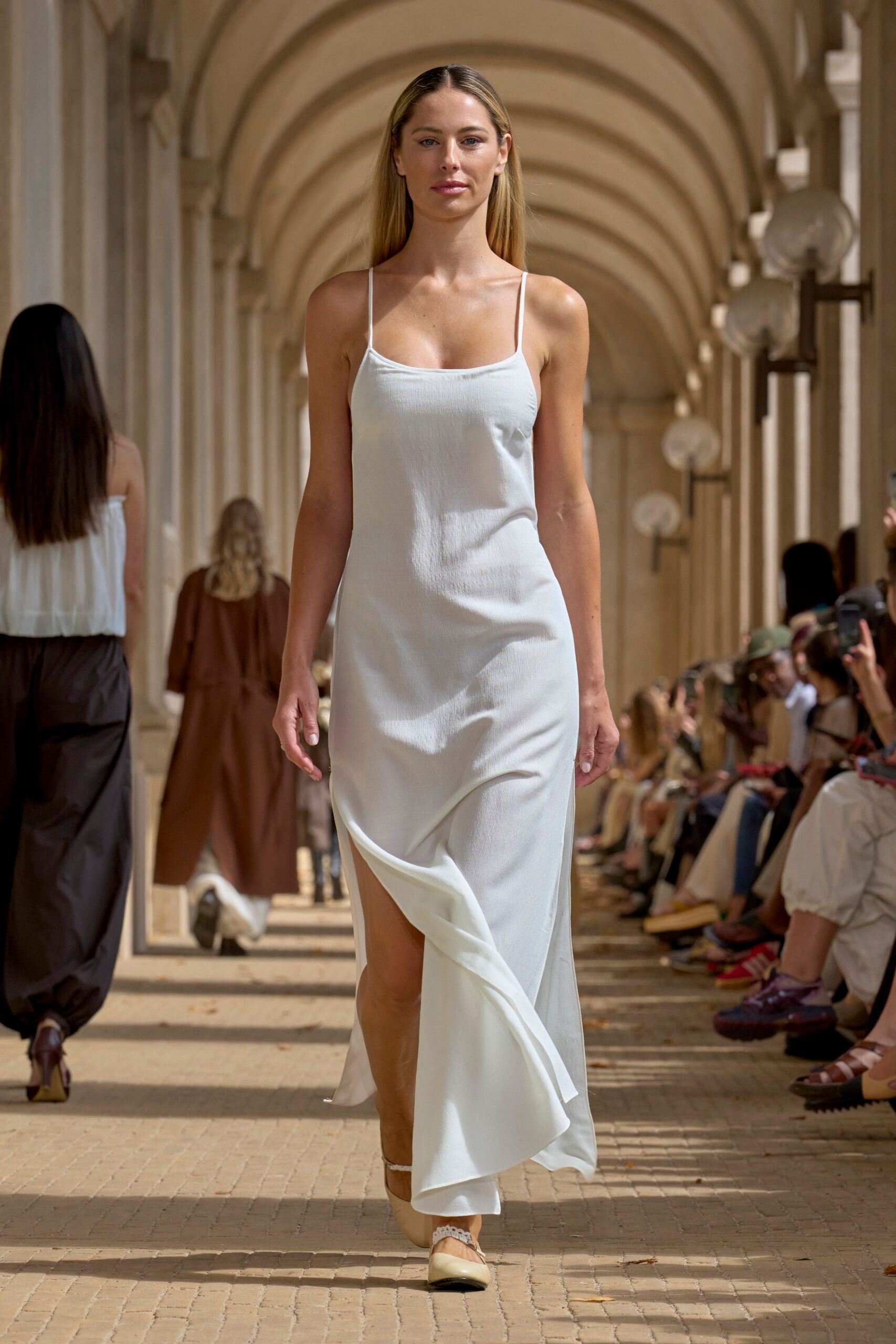 white silk sleeveless dress