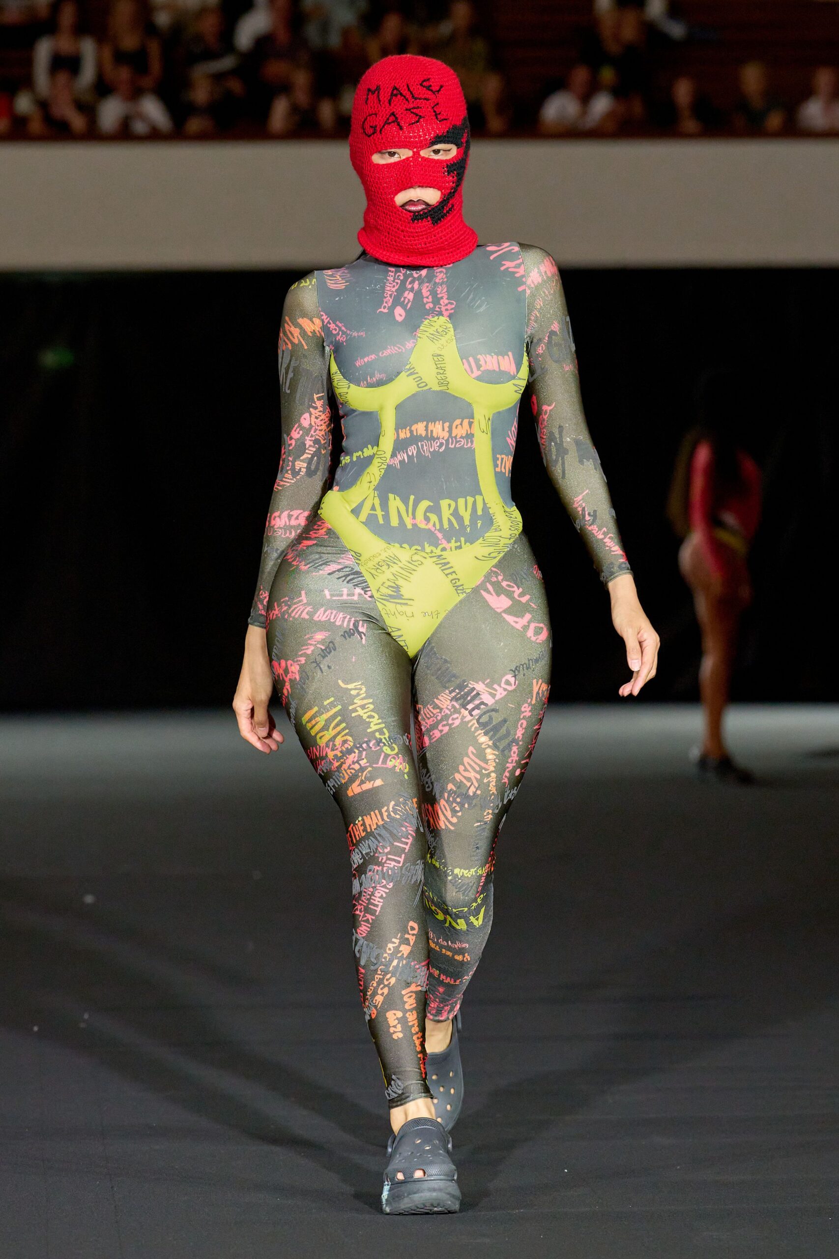 gray cotton long-sleeve high-neck fitted printed catsuit