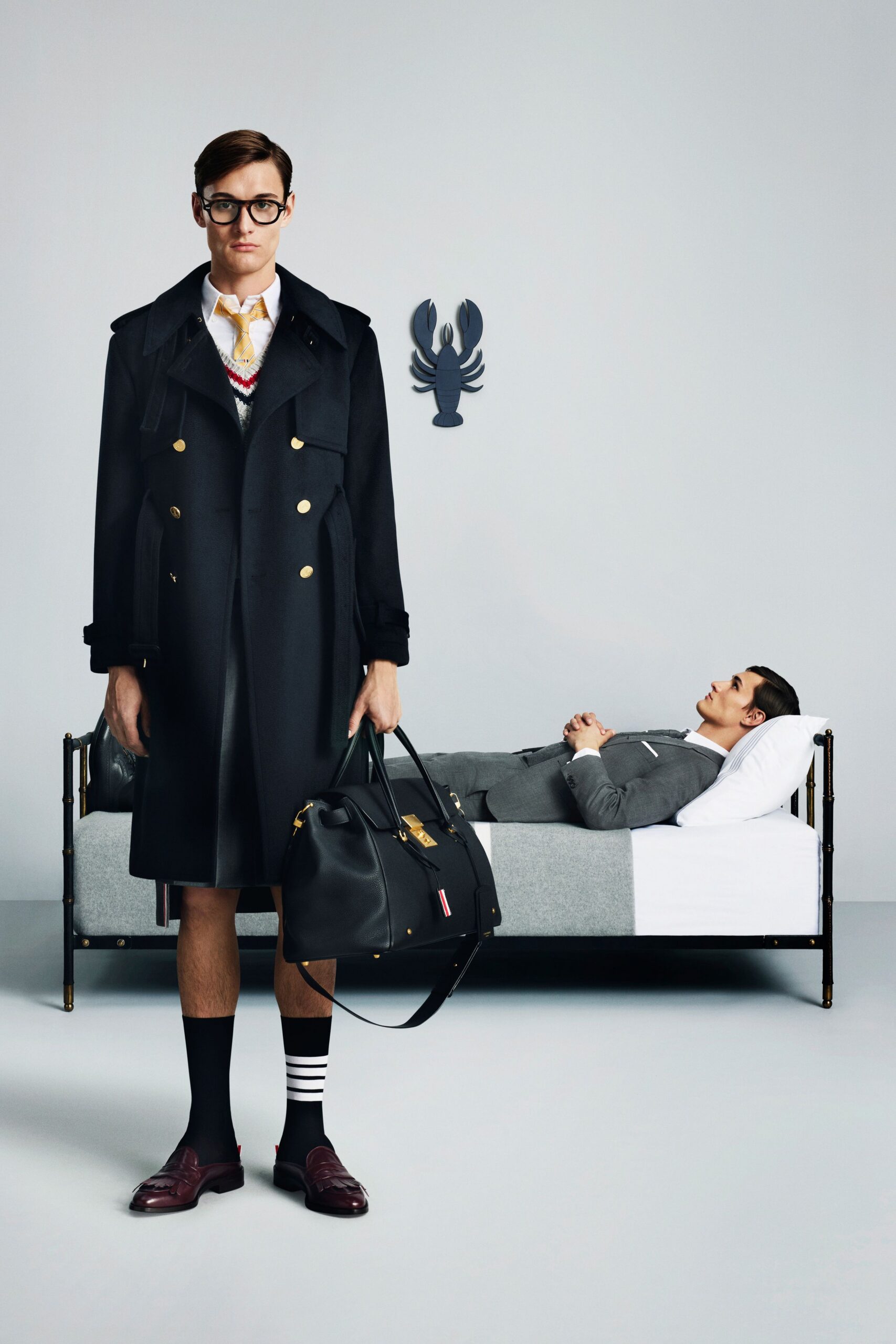 black trench coat gray suit