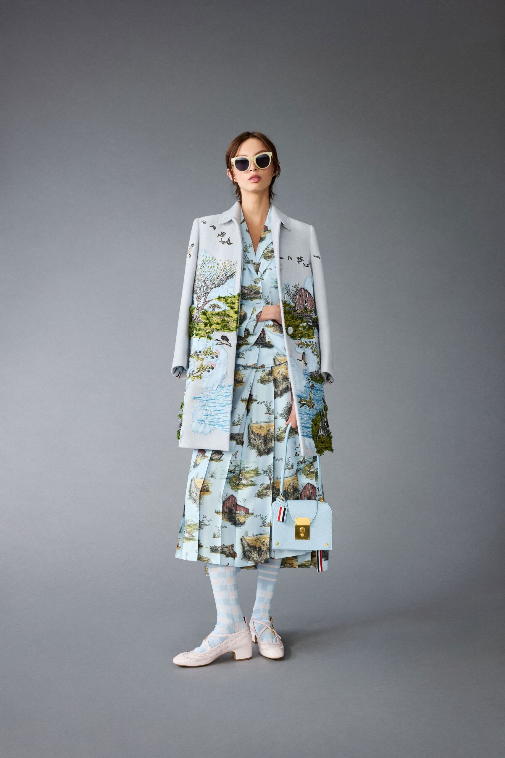 blue cotton short-sleeve collared fitted printed midi dress
