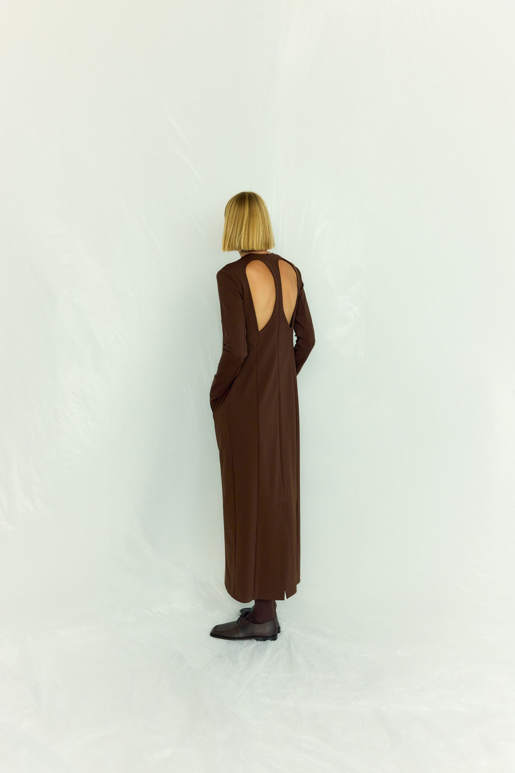 brown silk backless maxi dress