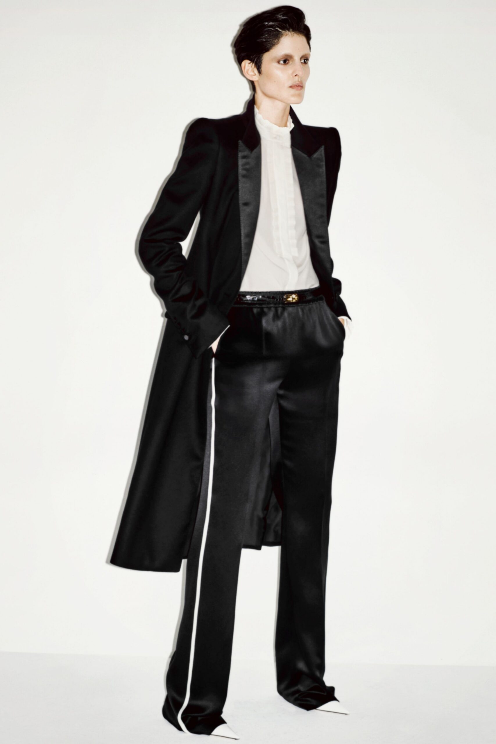 black silk long-sleeve collared structured buttoned coat